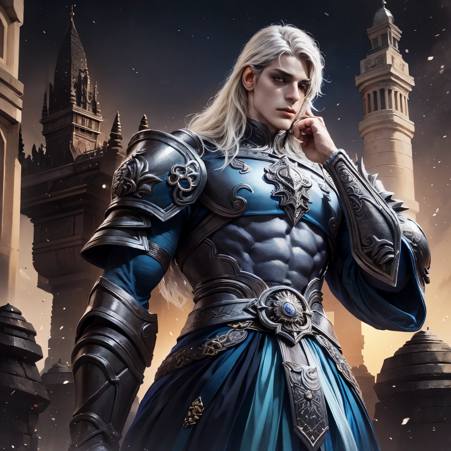 Amazing armor,um homem em de cabelo branco longo armadura grega, incredible hero ,arte conceitual de personagens de 8k, airbrush concept art, armadura brilhante grega, , epic fantasy art style, Homem alto cabelo prateado longo . Olhos cinzas . Rosto detalhado. Armadura grega detalhada na cor azul escuro, espada detalhada, corpo detalhado. RPG. arte .cabelo prateado,sem barba, rosto detalhado , Sem barba !, rosto liso, armadura detalhada , armadura cavaleiro , olhos cinzas brilhantes, rosto detalhado , olhos detalhados, Magic in the hands
