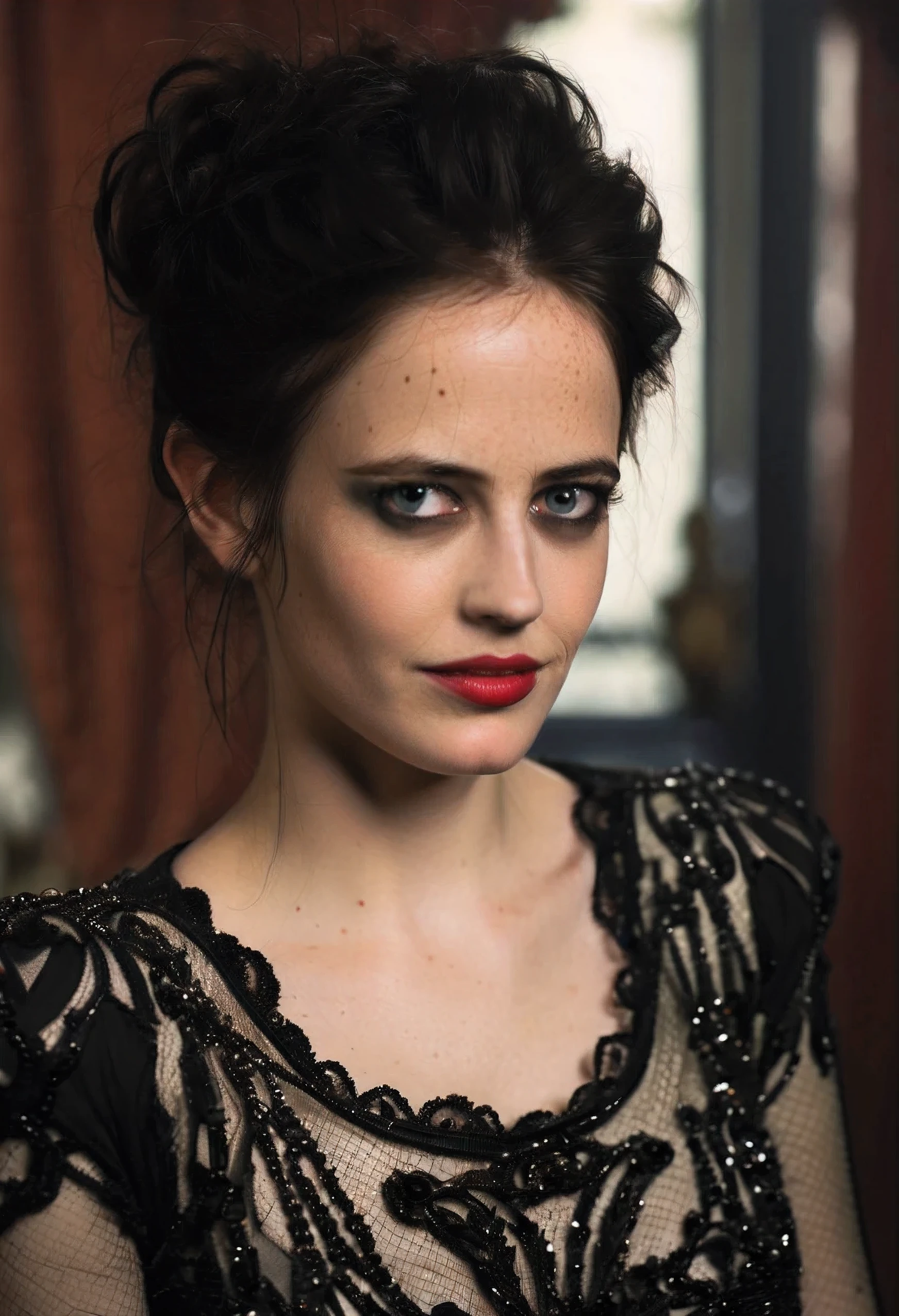 cinematic photo highly detailed portrait of (((ohwx woman))), beautiful symmetrical face, digital painting, ultra-realistic, (Eva Green),  Vanessa Ives from Penny Dreadful, realistic photo, gothic clothes, background: London in the Victorian Era, RAW Photo, HDR, Depth of field, film grain, camera (full shot, low angle)