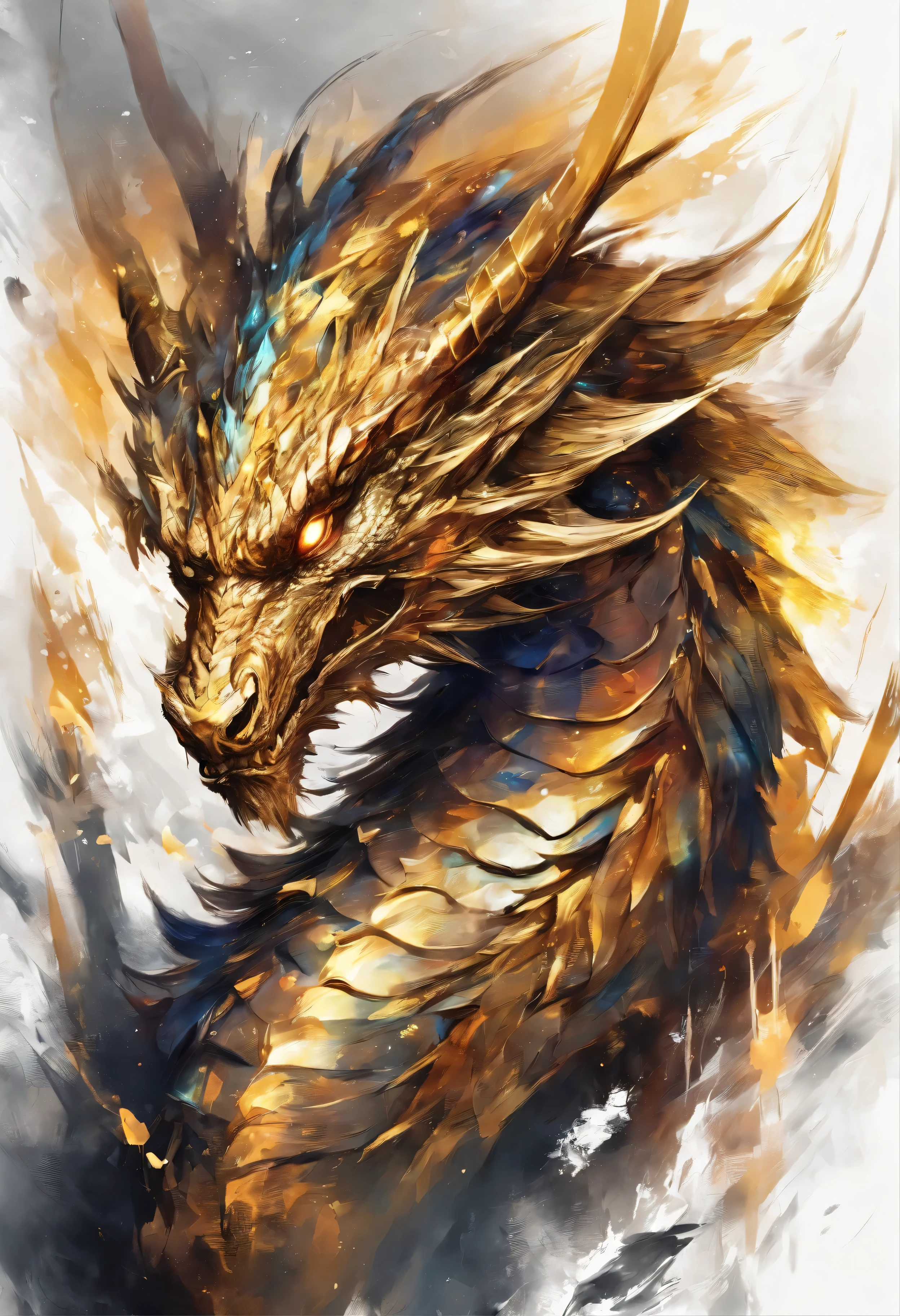Dragon with gold, Perfect centralization, Fantastic black-gold beam, delight, Standing position, Abstract beauty, centre, Looking at the camera, Facing the camera, nearing perfection, Dynamic, highly detailed, Liso, sharp focus, 8K, A high resolution, illustration, Art by Carne Griffiths and Wadim Kashin, fire in background