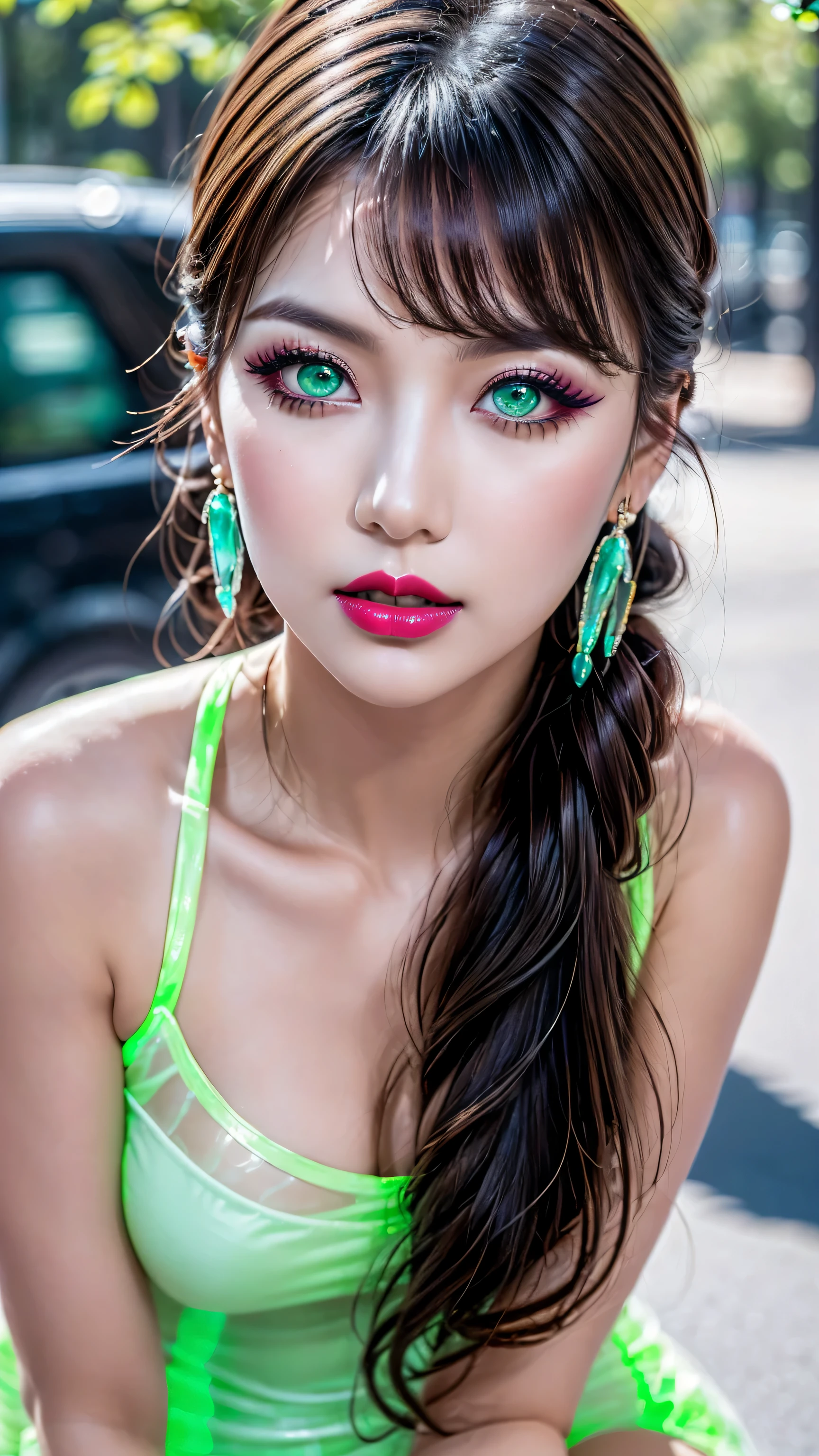 dressed, (details of a very beautiful face)(best quality:1.4)16k resolution,(photo realistic:1.65), (realistic:1.65), (smoother lighting:1.05), (increase cinematic lighting quality:0.2), 16k, (1girl:1.4) 21years old、fashion supermodel、realistic lighting, backlighting, light on face, ray trace, (brightening light:1.1), (Increase quality:1.3), (best quality real texture skin:1.2), (ultra detailed eyes), finely detailed face, ((finely quality eyes)), (tired and sleepy and satisfied:0.0), (detailed lips:1.33)、(Detailed nose:1.2)、(Increase body line mood:1.1), (Increase skin texture beauty:1.3), (small head: 1.4)、(slim face), ((anatomically correct)), pink_makeup:1.25, long_blue_eyeliner:1.2, (red_lipstick:1.32), ((aqua_green_eyes:1.3)) perfect dark_eyeshadows:1.3, (super detailed makeup on eyes:1.3), iridescent eyes, with professional makeup, vibrant eyes:1.2, (((Fluorescent colors:1.33), (translucent:1.4), (Retro filters:1.4), (Fantasy:1.4))), (anatomically correct:1.3)、((cleavage))、(((Fluorescent glass:1.33)), (light, heavy, airy), ((((hair is a different color than eyes)), dynamic random fancy, professional hairstyles:1.4))、(very delicate and beautiful、fine details:1.3), (((wearing a translucent dress of fluorescent glass:1.35))), (((the Fluorescent glass glows with ultraviolet lighting:1.32))), (((spread her legs:1.35)))、(((flashed, Diffusion of light:1.4))), UHD, ((body shot to knees:1.32))、