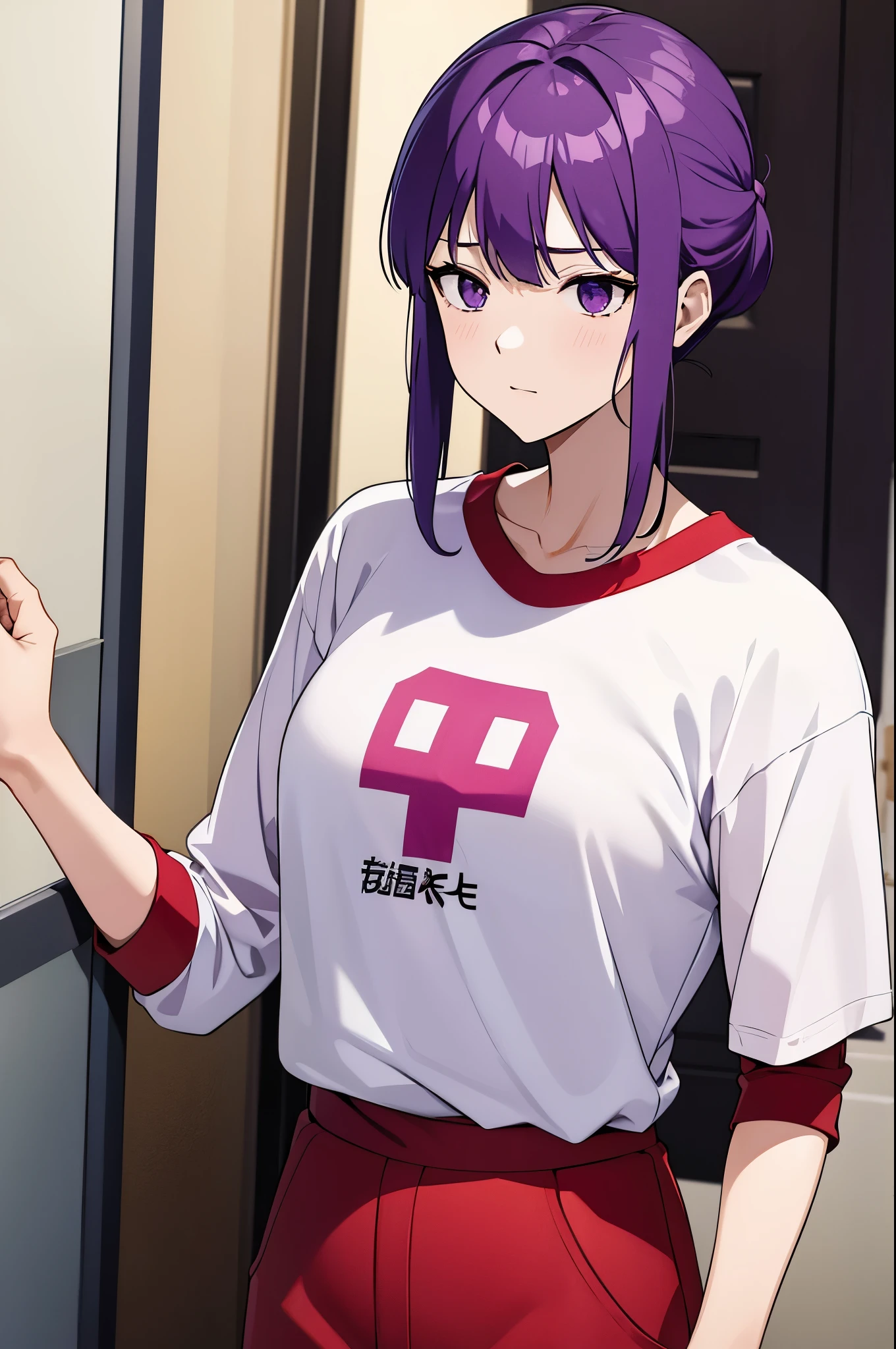 10th generation,
Upright and immobile,
White with red lines on the sleeves and neckTshirt,
red pants,
purple hair,
Upright and immobileで立つ10th generationの女性が、袖と首元に赤いラインが入った白いTshirtにred pantsを着用し、purple hairを持っているシーンを生成してください。Generate attractive images with sophisticated designs and color combinations。