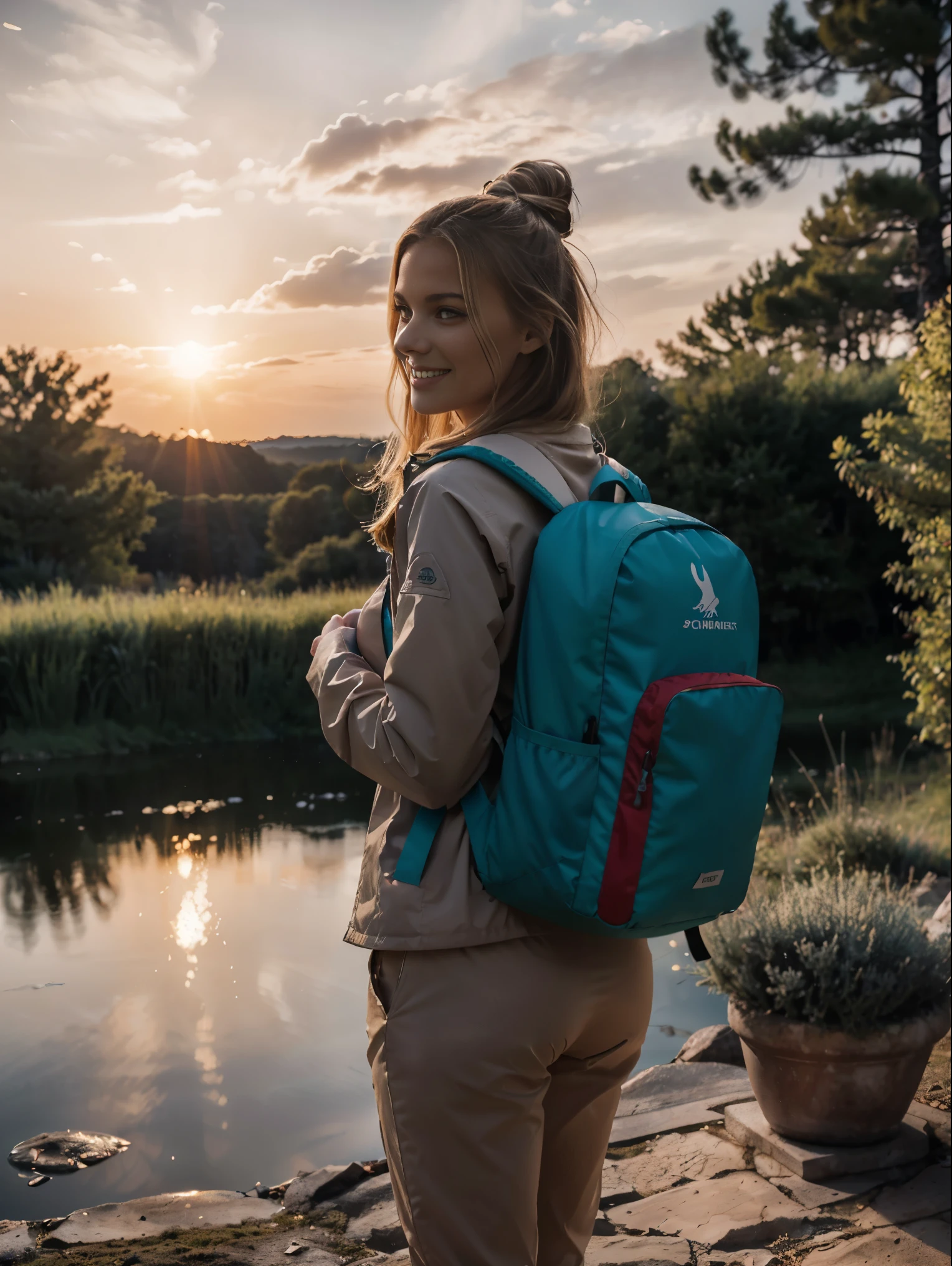 1 femme, cheveux blond, pantalon court, chemisier froid ((tout le corps, accroupi, souriant, heureux)), chef-d'artwork, best quality, yeux parfaits, des mains parfaites, Des jambes parfaites, ultra-detailed, seulement, Outside, (coucher de soleil), montagnes, nature, (stars, nuage) joyeux, heureux, backpack, sac de couchage, stove, bouteille d'eau, tennis, gants, lampe de poche, forest, des pierres, River, bois, smoke, ombres, contraste, style, (teinte chaude, ton chaud: 1.2), Cinematic light, side lighting, ultra haute résolution, meilleure teinte, BRUT, boisen house, feu de camp