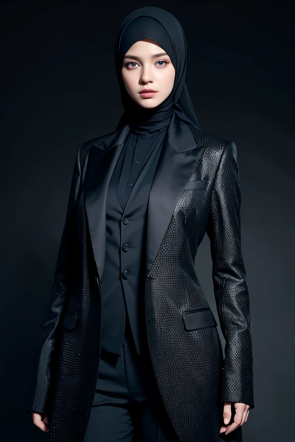Best quality, masterpiece, ultra high res, (photorealistic:1.4), raw photo, 1girl, black hijab, blue eyes,  detailed eyes and face, man in black formal suit, dynamic lighting, in the dark, deep shadow, low key, full-length body