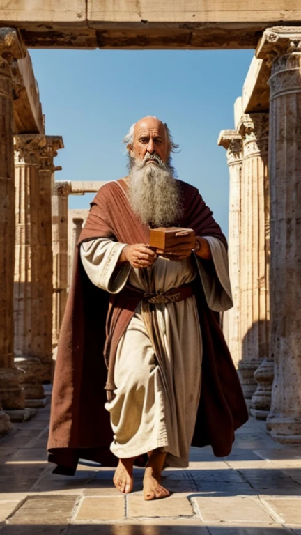 (best quality,4k,8k,highres,masterpiece:1.2),ultra-detailed,(realistic,photorealistic,photo-realistic:1.37),Diogenes,philosopher,individual freedom,inner virtue,crowded marketplace,historical realism,detailed ancient architecture,authentic Greek setting,bright sunlight,warm golden tones,bustling crowd,historical accuracy,pillars,colonnades,ancient marketplace,aesthetic mosaics,dainty sculptures,authentic ancient clothing,philosophical book,multiple conversations,engaging dialogue,wisdom,human connection,distinct facial expressions,expressive body language,majestic beard,piercing eyes,thoughtful expression,intense gaze,deep wrinkles,robe and sandals,Greek language signage,authentic crowd noises,energy,sunshine filtering through the arches,soft shadows,organic textures,skilful brushwork,dynamic composition,vivid colors,realistic portrayal of Diogenes' teachings