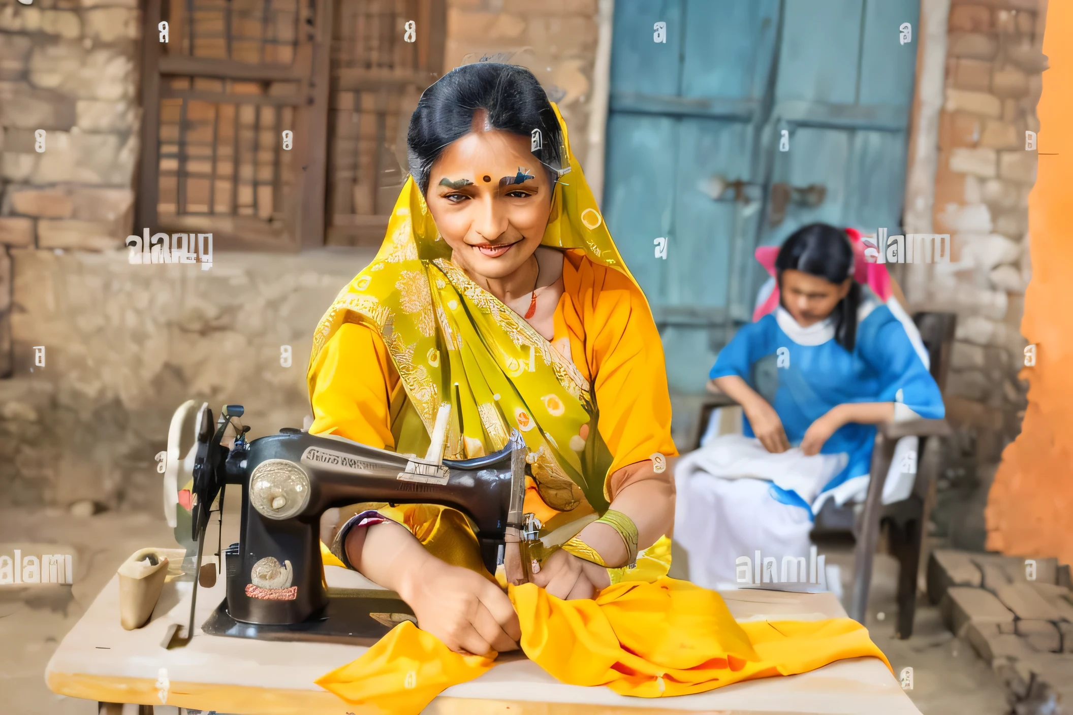 indian women, village home, smiling, sewing, cinematic