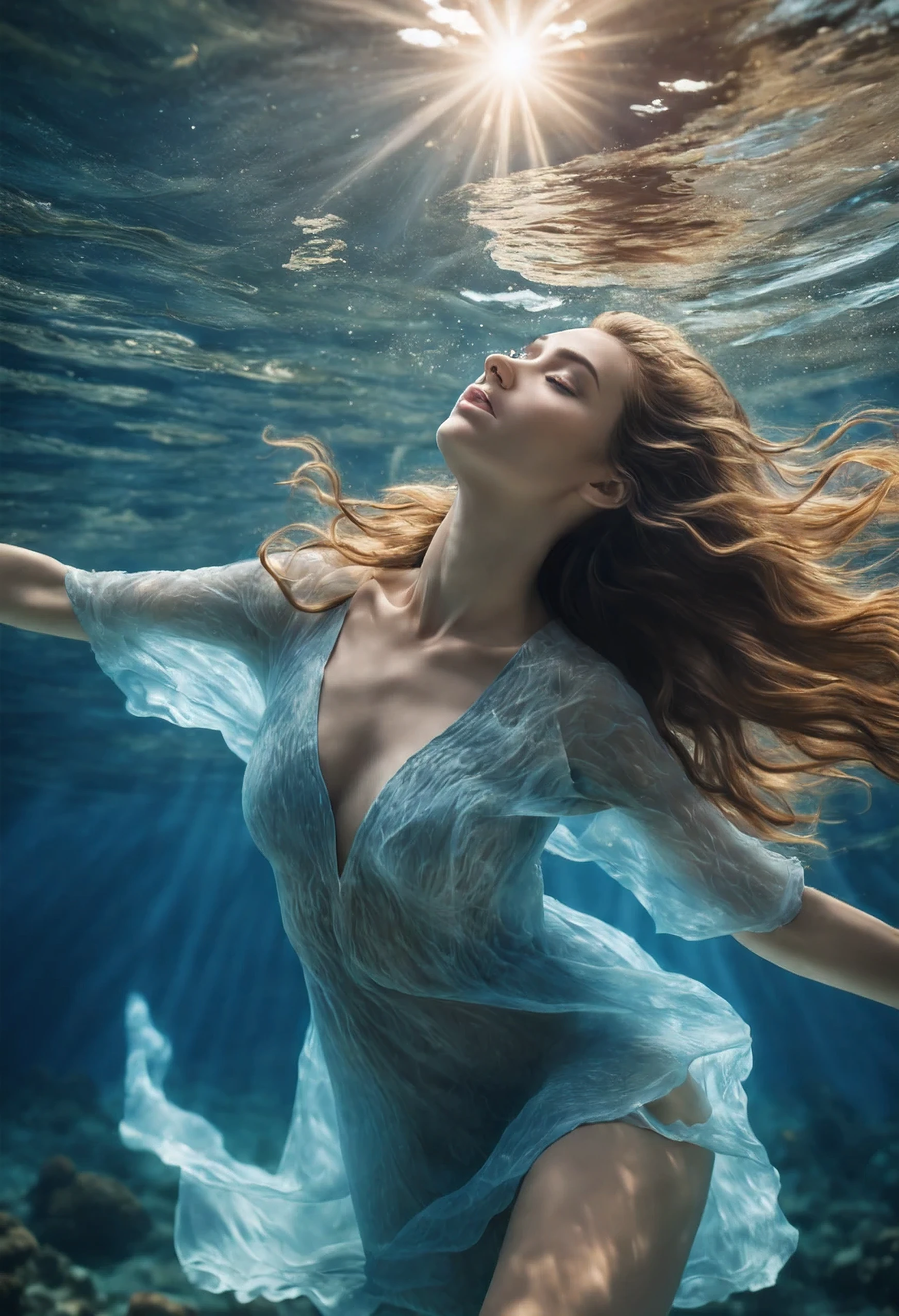 1girl, dives underwater, loose and short tunic, detailed skin texture, beautiful blue sea, sunlight streaming through the water, flowing hair, dreamlike atmosphere, vibrant underwater world, (8k, RAW photo, best quality, masterpiece:1.2),(realistic, photo-realistic:1.37),