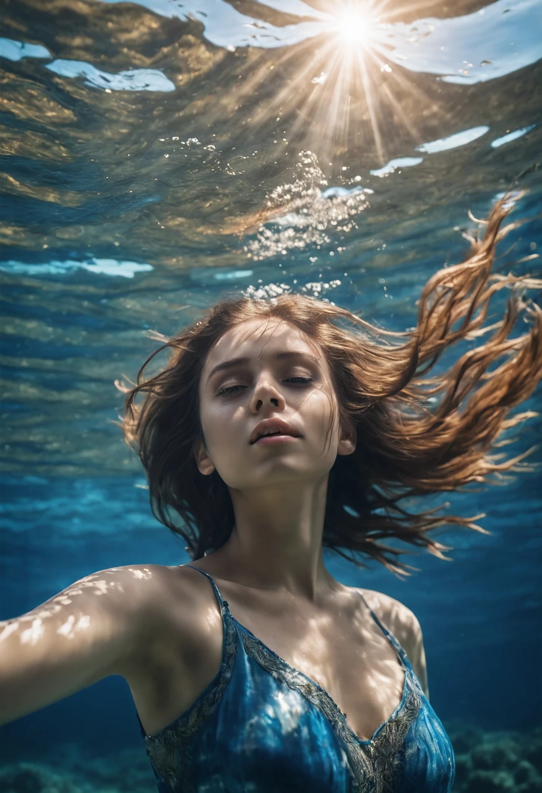 1girl, dives underwater, loose and short tunic, detailed skin texture, beautiful blue sea, sunlight streaming through the water, flowing wet hair, dreamlike atmosphere, vibrant underwater world, (8k, RAW photo, best quality, masterpiece:1.2),(realistic, photo-realistic:1.37),