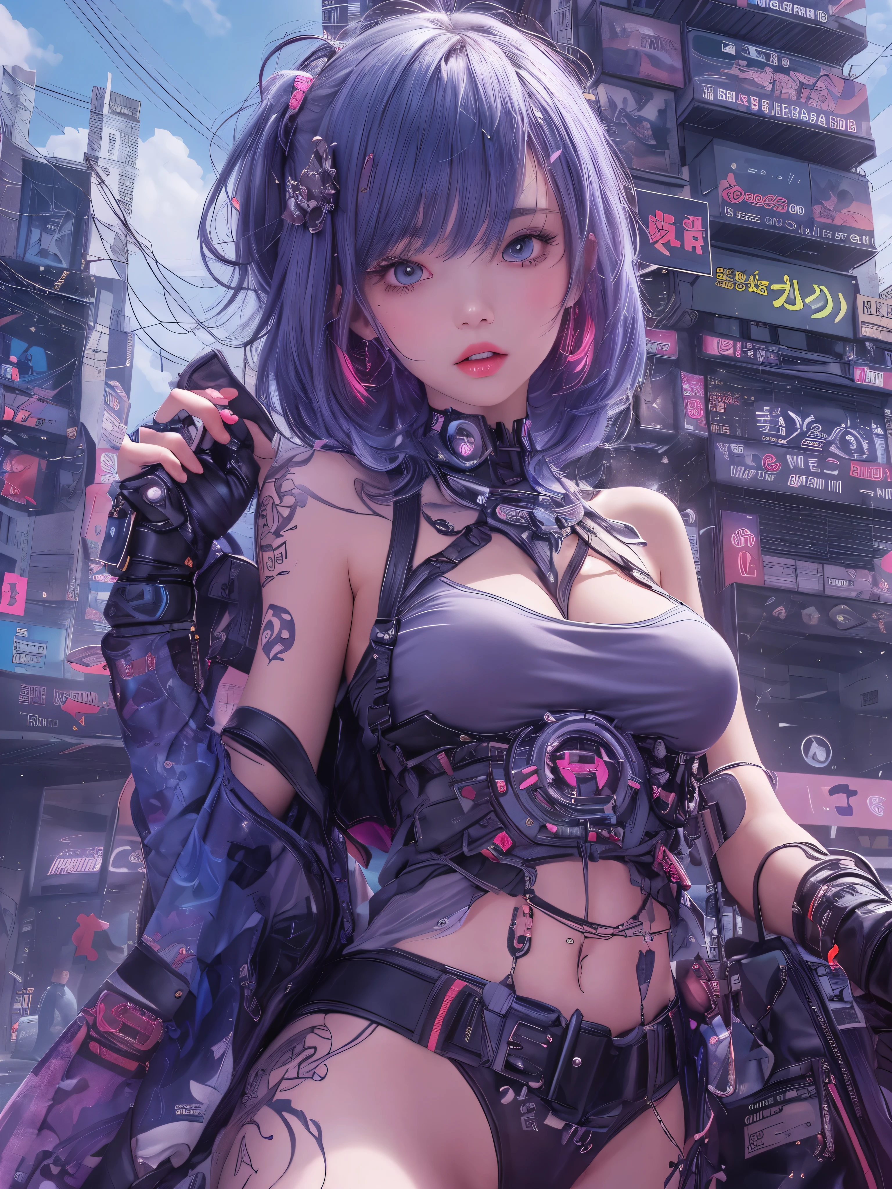 Extremely tall and slender body，very detailed face, Best quality, Confident cyberpunk girl, full body shot, ( be on the roof ), Popular Harajuku costumes, bold colors and patterns, Attractive accessories, beautiful hairstyle stylish, bright makeup, Gorgeous cyberpunk cityscape, skyscraper, neon signs, LED lights, Bright and rich colors, Anime Medium Breasts, Illustration, detailed skin texture, detailed cloth texture, beautiful detailed face, complex parts, ultra detailed, ( on the back katana ), ( tattoo on body ), ( different eye colors ). ( purple tint all around ), ( you can see the little naked ass ), ( Wide neckline ).