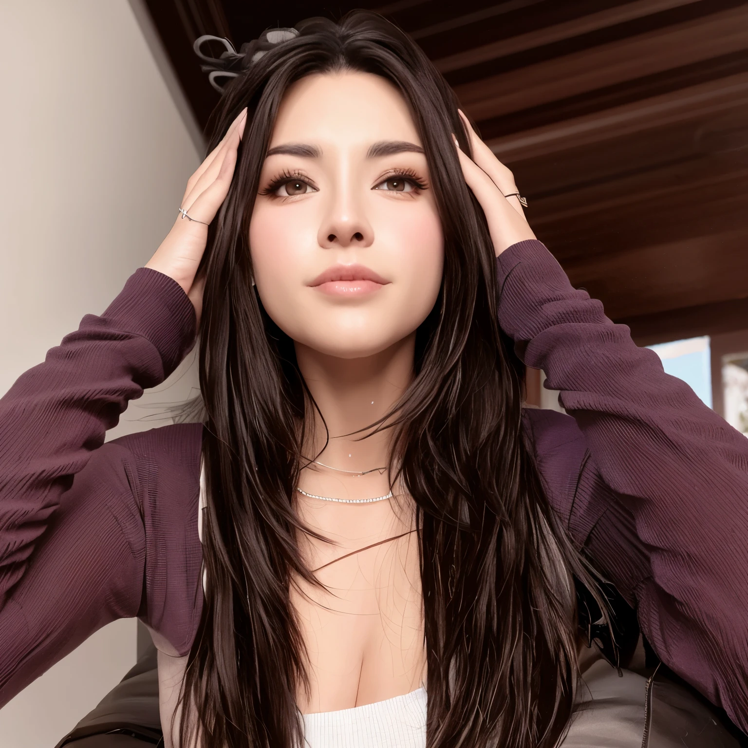picture of <lora:jordi_627_v5:1.15>, a woman, (wearing a black jacket:1.3), taking a selfie, (extremely detailed CG unity 8k wallpaper), photo of the most beautiful artwork in the world, professional majestic oil painting by Ed Blinkey, Atey Ghailan, Studio Ghibli, by Jeremy Mann, Greg Manchess, Antonio Moro, trending on ArtStation, trending on CGSociety, Intricate, High Detail, Sharp focus, dramatic, photorealistic painting art by midjourney and greg rutkowski, (waist chain), ((in her bedroom)), (looking at viewer), (detailed eyes:1.2), (brown hair:1.1), cleavage