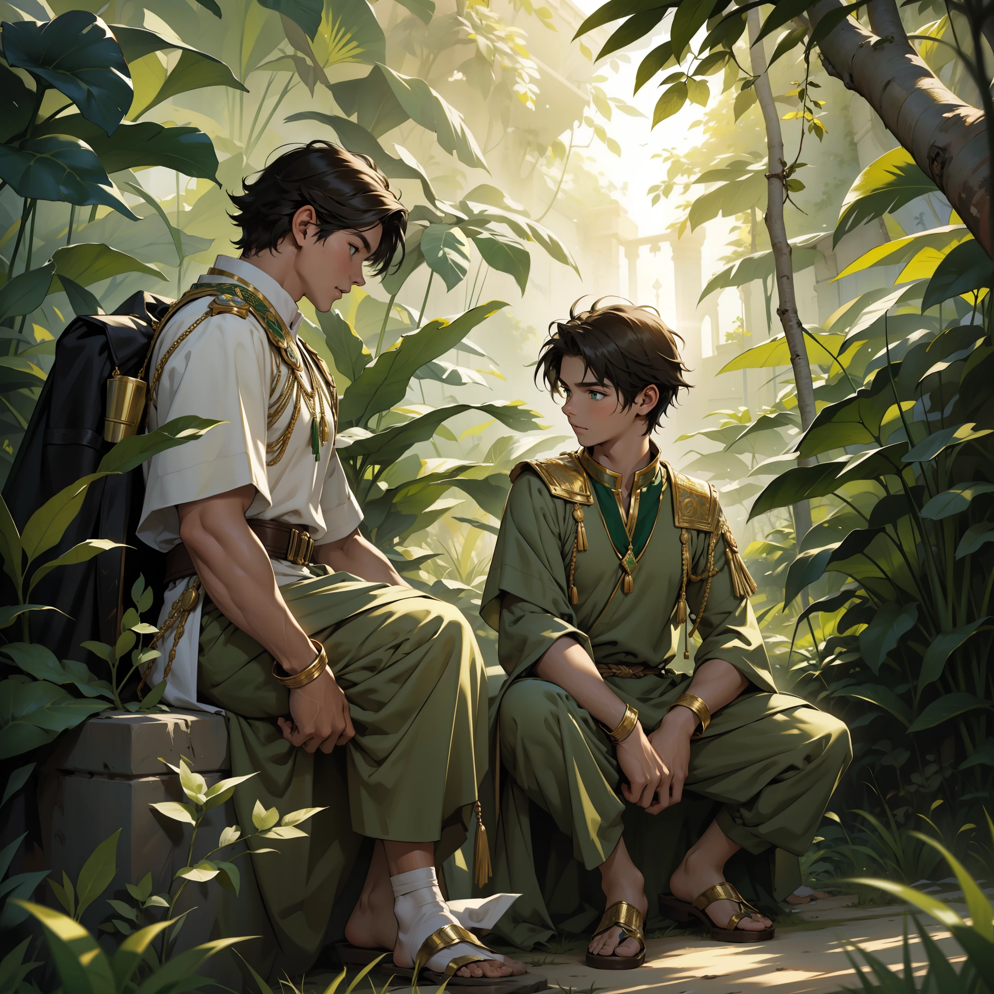 There is a 17-year-old man in a white Arab suit, he is a prince, and there is a 6-year-old boy in a green and gold tunic.