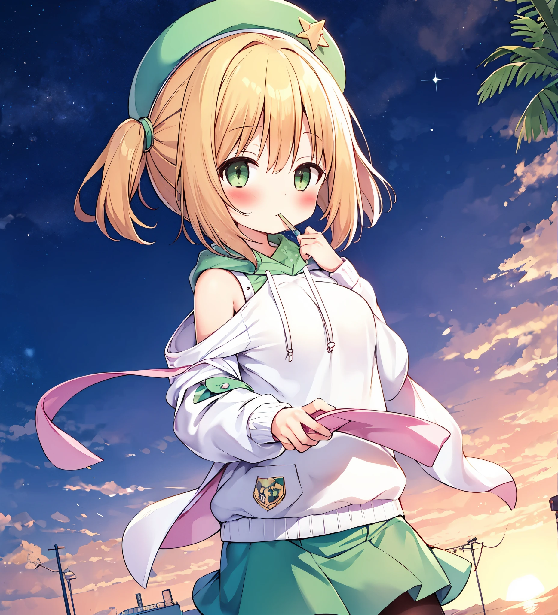 1 girl, alone, scarf, skirt, pantyhose, have, long hair,白いshoulder hoodie , outdoors, eyebrows visible through hair, looking at the viewer, , blush, , bangs,, ,, dutch angle, sneakers,, green skirt,, green eyes, , Are standing,, clothes,, small mouth, white,sunrise sky, white ladies hat, bare ,cute,cute, ****ung girl, alone, side up short hair, pixie cut, bangs, hair ornaments, Eyes,, close view, From Adobe, Severe,, big breasts, 壊す sunrise skyの背景、green eyes、Silky delicate pale red hair、ラップskirtを着ている**、Kyoani style、mouth slightly open、白いshoulder hoodieを着ている***、Shiny and beautiful shoulders、very cute girl、shoulder hoodie、白いshoulder hoodie、girl wearing a hoodie that shows off her shoulders、鈍bangs、A delicate girl with pale red hair、A girl who puffs out her cheeks a little、A delicate girl with pale red hair、A girl with beautiful contours and very shiny shoulders.、A girl with beautiful breasts that are much larger than the average person.