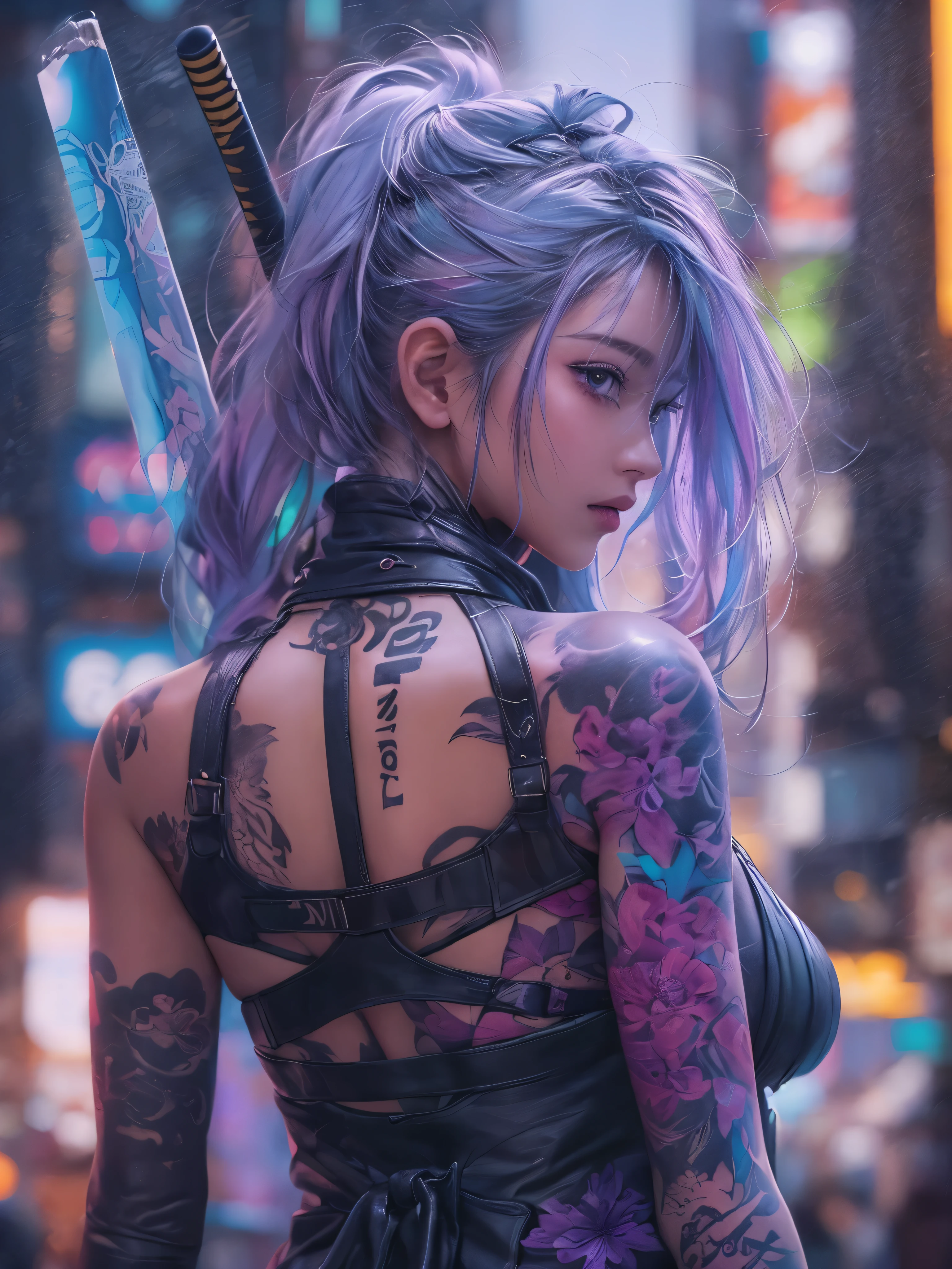 Extremely tall and slender body,very detailed face, Best quality, Confident cyberpunk girl, full body shot, ( be on the roof ), Popular Harajuku costumes, bold colors and patterns, Attractive accessories, beautiful hairstyle stylish, bright makeup, Gorgeous cyberpunk cityscape, skyscraper, neon signs, LED lights, Bright and rich colors, Anime Medium Breasts, Illustration, detailed skin texture, detailed cloth texture, beautiful detailed face, complex parts, ultra detailed, ( on the back katana ), ( tattoo on body ), ( different eye colors ). ( purple tint all around ), ( you can see the little naked ass ), ( Wide neckline ), ( white hair and purple hair ).