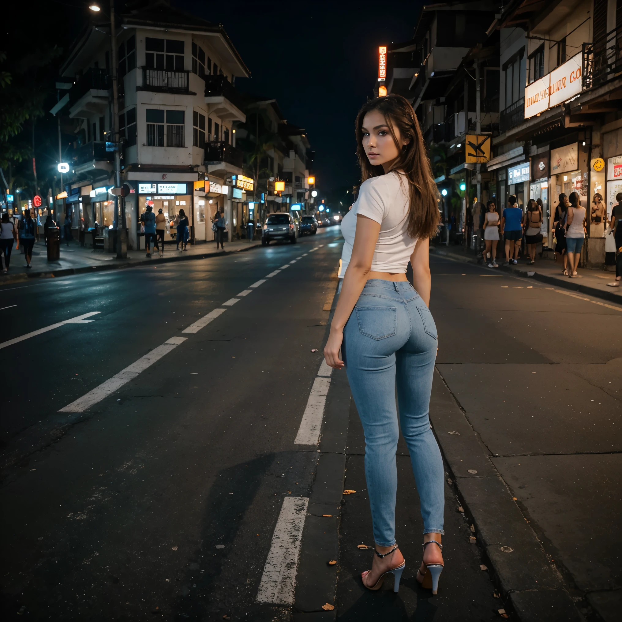 Thai woman stands naked, legs spread, in the middle of an intersection. Photo