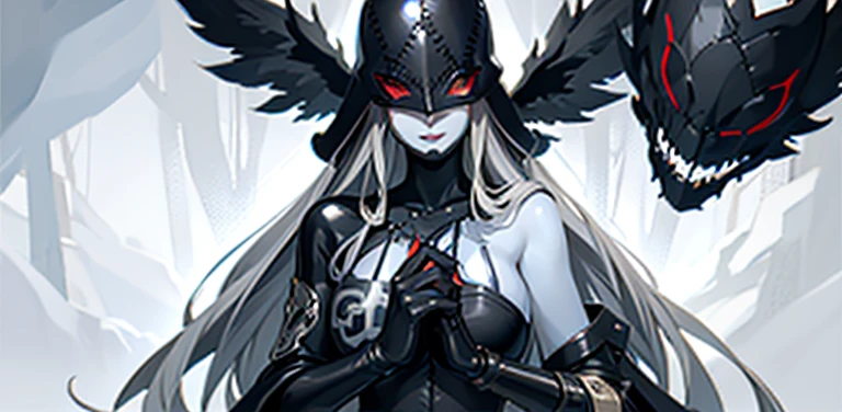 stage, forest, a single person in the drawing,   woman, detailed body, large bust, sky blue skin, long straight gray hair, very fitted  black that sticks to the skin, flirtatious smile, casual pose, leather mask that covers her head and ends under her eyes, eyes red, ultra detailed, fine nose, only one person,      