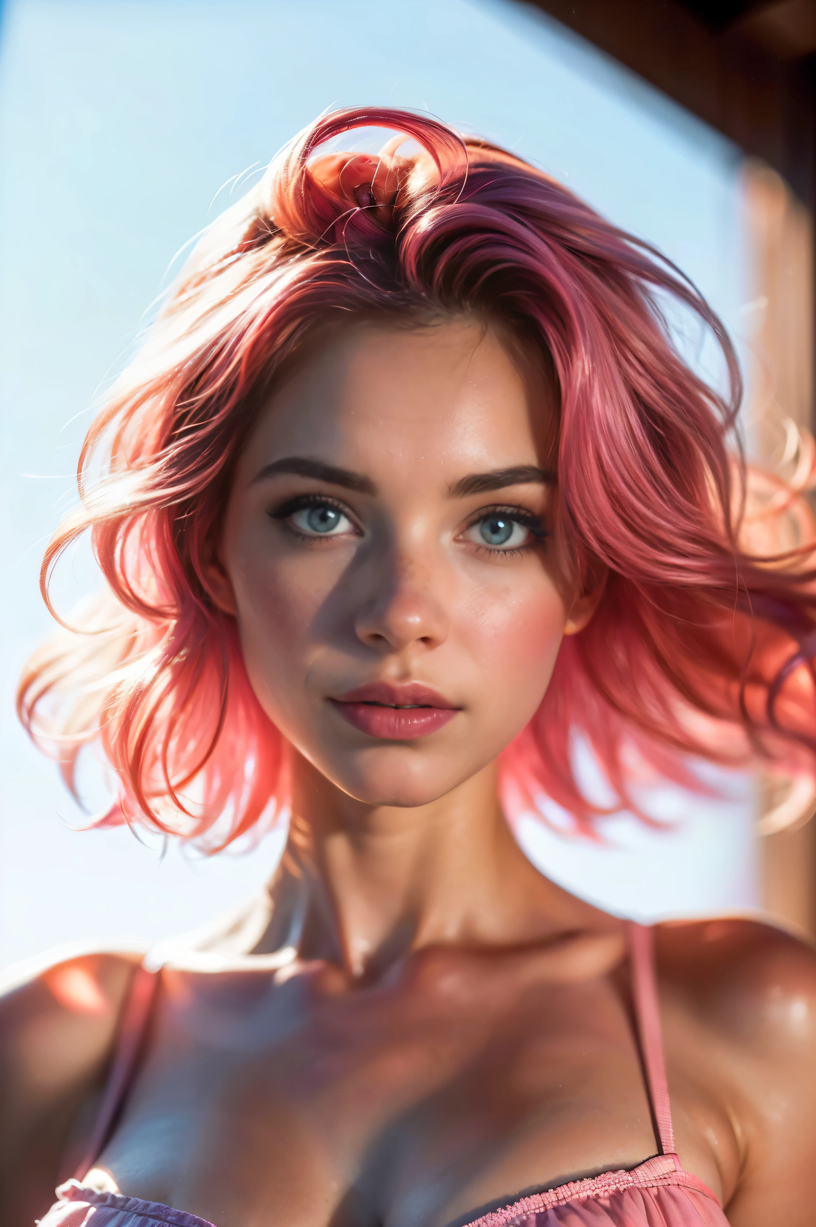 (((ultra realistic))) Photo, masterpiece, top quality, (pale skin), (Ultra detailed face and eyes:1.3), 1 girl, Adult, in a T-shirt, ((Eye makeup, pink mascara)), ((A slight smile)), ((large detailed lips)), ((Pink hair in the wind)), ((Chyolka)) , (Natural breasts), Slim waist. ((Posing)), photoshoot, studio (soft lighting), (The play of light and shadows), depth of field, bokeh, (special attention to skin detail: 1.2), Detailed leather texture, skin pores. (Warm atmosphere of the frame. Color range - purple, Pink, blue tones), UDR, ((Film grain)), ((rays)), (Glare), ((waist up portrait)) , ultra detialed,