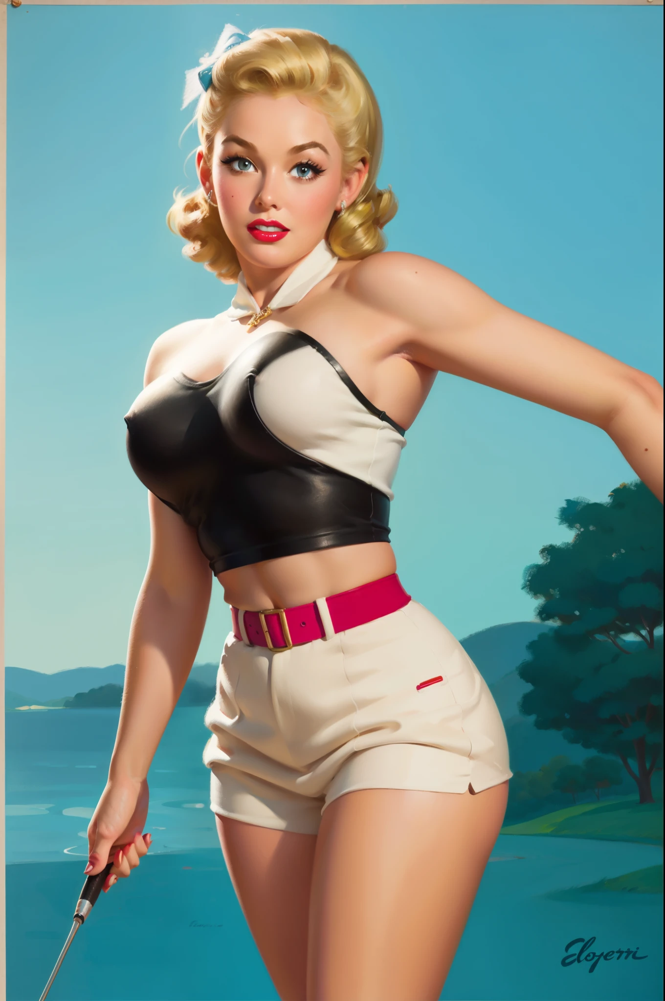 20 years old Girlplaying golf in sexy clothes, medium breast, shining skin, dramatic lighting, pin up style, sexy, surprised, , colorful , masterpieces, ilustrated, shining skin, detailed face, Medium breast. tight body. blonde hair, Illustrated BY Zoe Mozert,   pinup art byZoe Mozert,  vintage pin up, illustrated by Zoe Mozert, girl pinup, pinup girl, pin-up poster girl, pin up girl, pinup, pin - up girl, Detailed face, Detailed Hands, Detailed legs,