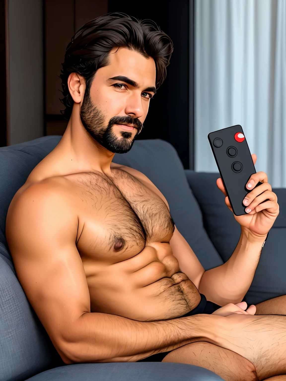 there is a man sitting on a sofa with a remote control in his hand, cerca de 3 5 anos, Homem de 4 0 anos, carregado, (38 anos), postagem no reddit, barba por fazer, desaturado!!, barbeado!!!!, fotografia selfie 8k, desaturado!, profile picture with headshot, Foto de perfil, looking to the side of the camera