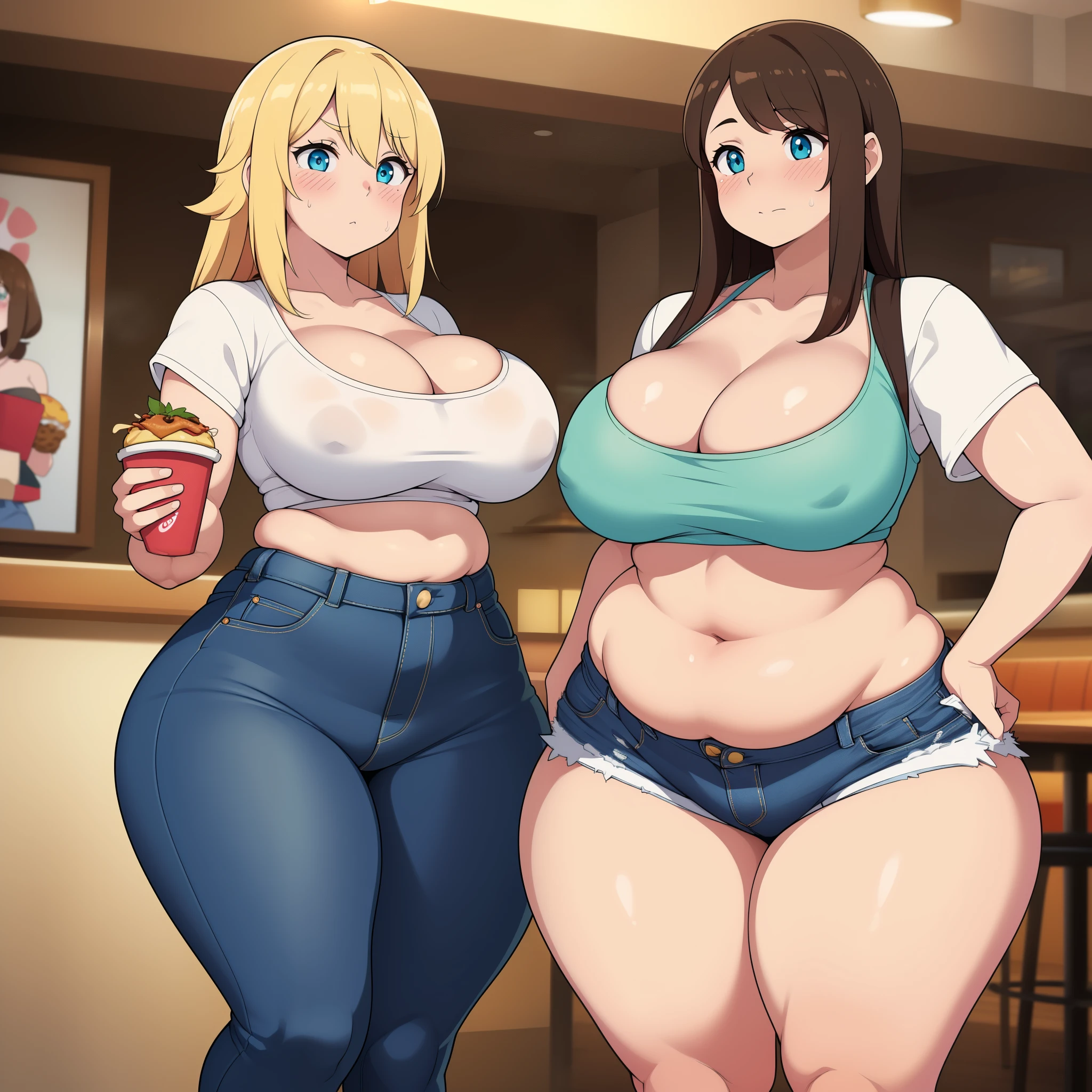 ((highreasterpiece, high quality, best quality, beautiful, perfect lighting, detailed face, ultra cute face, ((2girls)), ((blush)), one girl has blonde hair, blue eyes, crop top and shorts, one girl has brown hair, green eyes, jeans, white shirt, tight clothes, fast food restaurant, medium breasts, cleavage, ((wide hips)), (thick thighs), ((chubby)), standing,