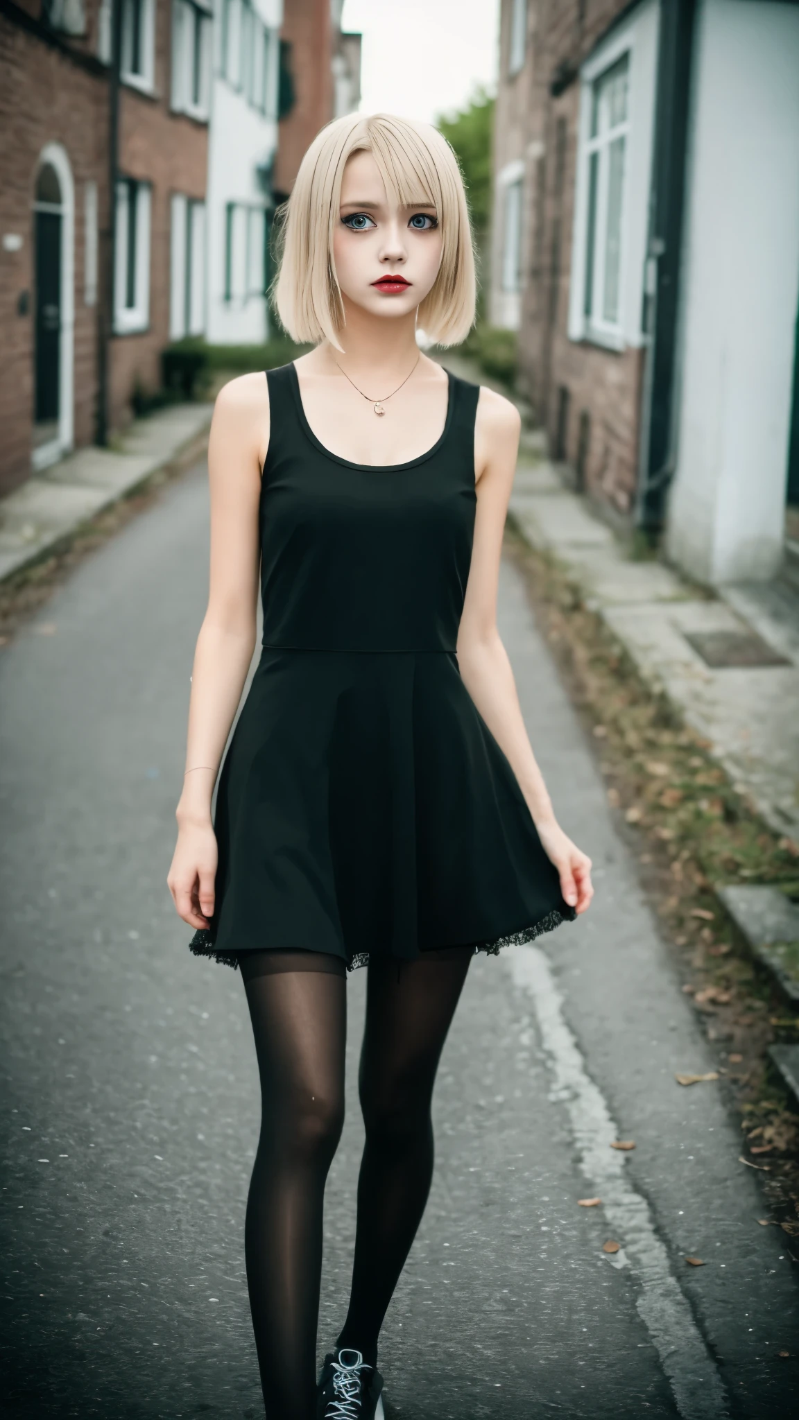 german teen, blondombie girl, dress, pantyhose, focus on thighs, full body, old residential area, light skin, sweat, realistic, small round face, vignette,