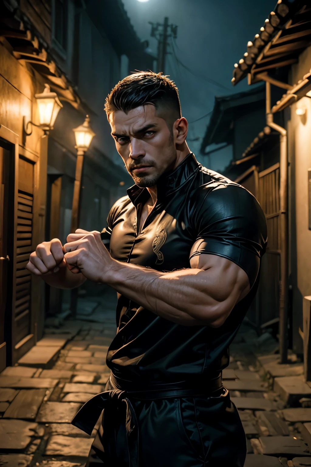 Single muscular Caucasian man martial arts expert showing self defense techniques, en camisa negra en el medio de una calle oscura, con mucha confianza y seguridad, showing his fists, ((defensa personal)), (()martial arts techniques)), ((Calle oscura con luz de los faroles)), ((ojos marrones)), ((tes de piel blanco)), ((mirada penetrante))