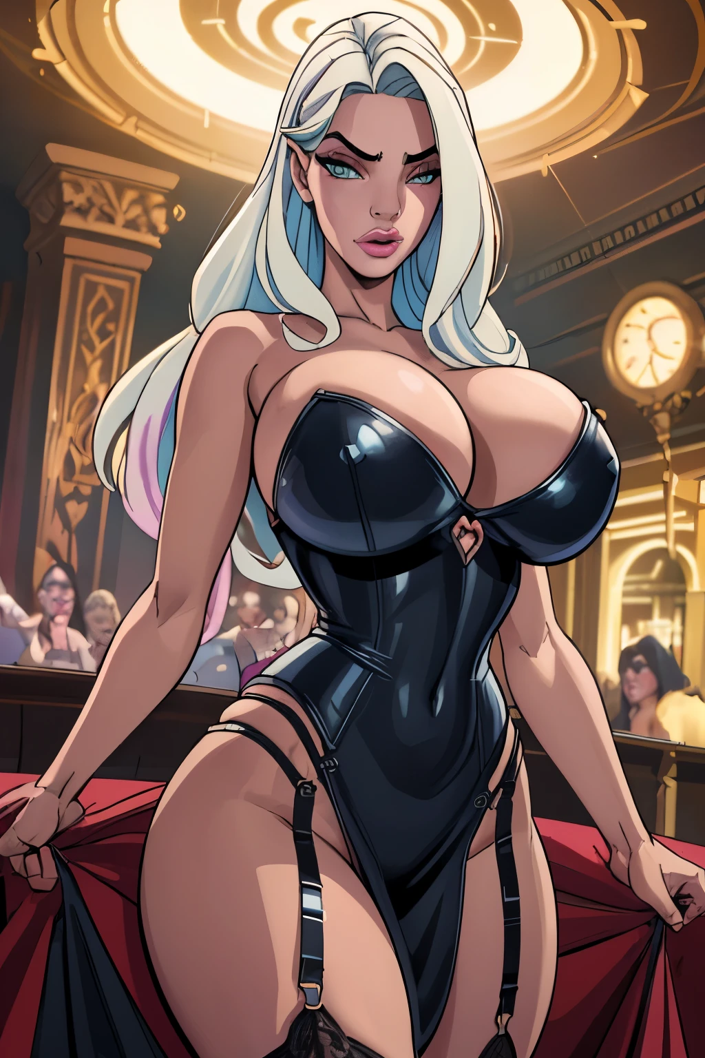 tmasterpiece，A high resolution，best qualtiy：1.2），8K，highly detailed，complex，rich colourful，vibrant image，Clear focus，cinematic lilond hairbl，long whitr hair，Green eyeody builder （topless, fully naked breasts, exposed breasts, naked breasts，Black frilled skirt，a garter belt，Leather belt） （Large, Perfect round breasts，Hourglass body，Big breasts, huge breasts, Thin waist，Very thin waist， photograph realistic，（hyper realisitc：1）big breasts beautiful， tmasterpiece，Best quality at best，extremelydetailedface，s the perfect face，beauitful face，Perfect lighting，Detailed eye makeup，Details of the face，Nice detail eyes，pretty hand，perfect hand，glowing light eyes（realistic pupil，Realistic iris：1）Heavy eye makeup，（empty Casino）（Posing dynamically）visivle pantiess