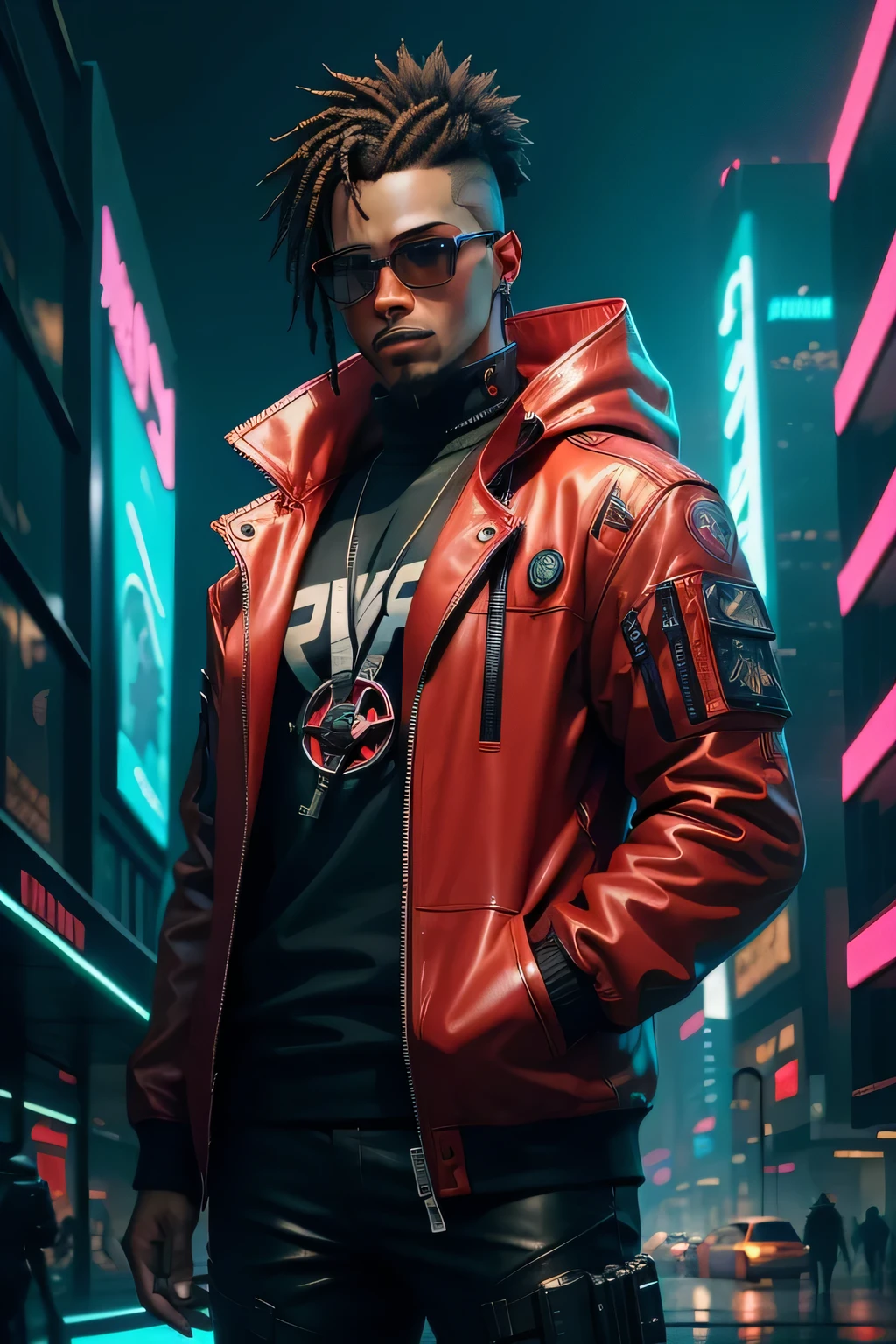 A man in a red jacket and burning glasses stands in front of a futuristic city, jogo de realidade virtual, cyberpunk vibe, cyberpunk vibes, mais fundo no metaverso vamos, tem estilo cyberpunk, Tema Cyberpunk, em cyber punk 2077, Futurista ciberpunk, Futuro cyberpunk, Synthetic wave, vestindo roupas cyberpunk, Futurista ciberpunk, tecnologia cyberpunk, retro cyberpunk, Synthetic wave style