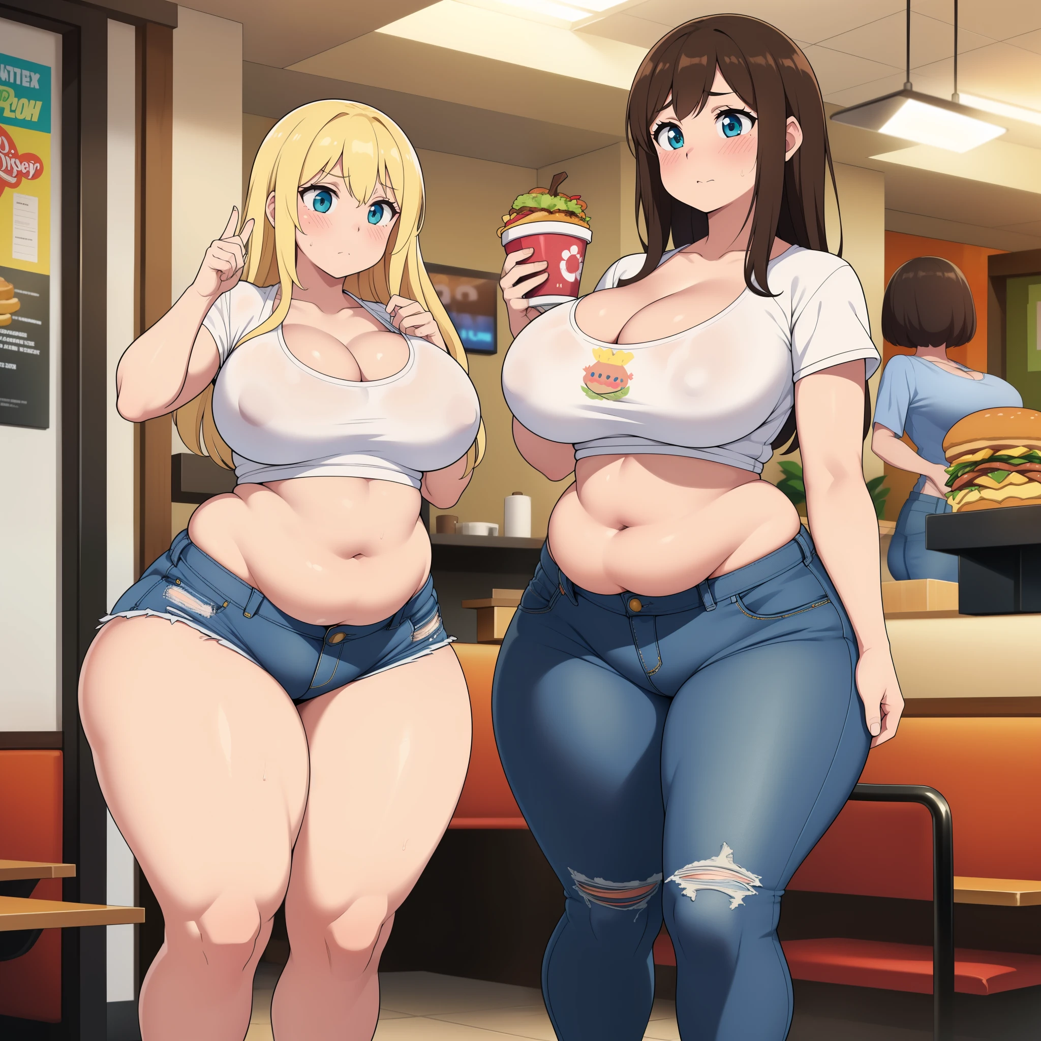 ((highreasterpiece, high quality, best quality, beautiful, perfect lighting, detailed face, ultra cute face, ((2girls)), ((blush)), one girl has blonde hair, blue eyes, crop top and shorts, one girl has brown hair, green eyes, jeans, white shirt, tight clothes, fast food restaurant, medium breasts, cleavage, ((wide hips)), (thick thighs), ((chubby)), standing,