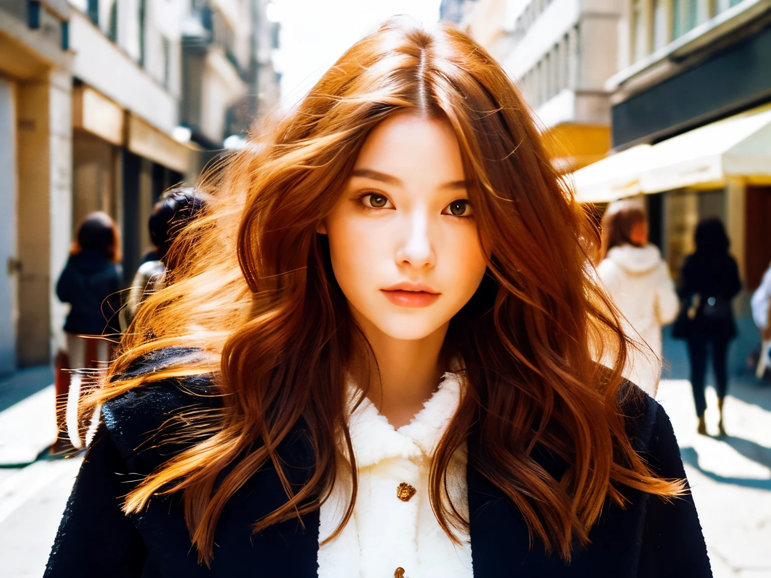 Beautiful girl, Red hair, wavy hair, long hair, girl in a fur coat, white fur coat, fluffy, To the streets, behind the girls the sun, hair shines in the sun