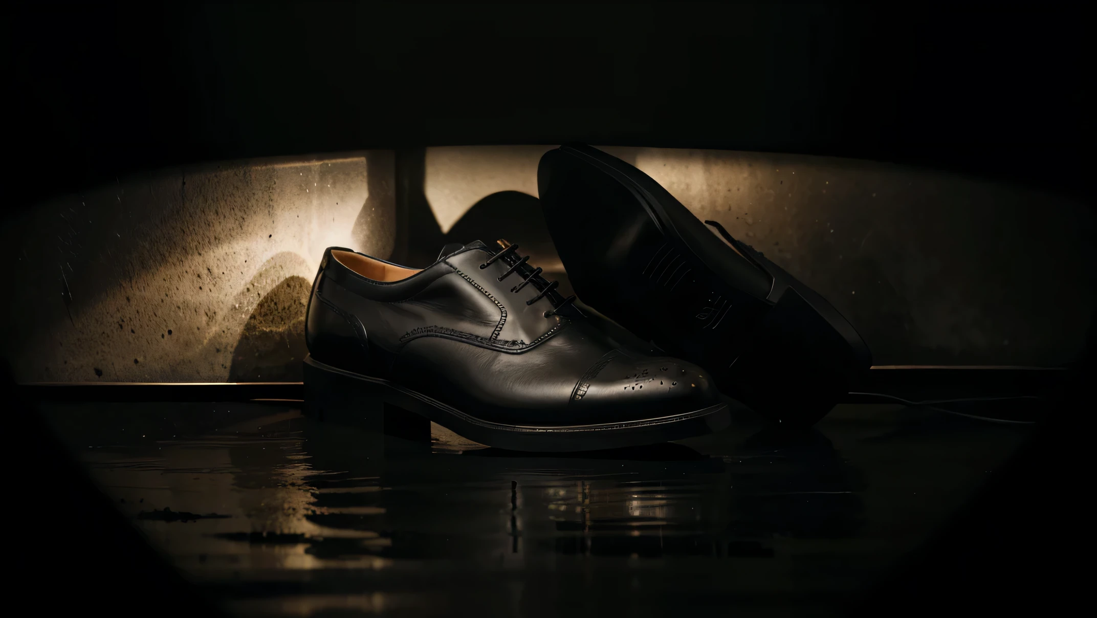 pair of black elegant male shoes in black background, front view, really dark setting, with flood light illuminating the subject, wide angle shot, 8k, resolution, high resolution, absurd-resolution, detailed