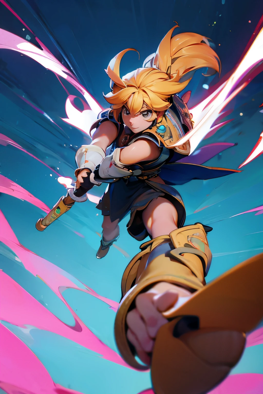 full body, 1 magical warrior girl, with [Samus Aran/Ultraman] costume, cabelo loiro, parted bangs, olhos azuis, huge breasts, holding a fire elemental sword, in a dungeon in zelda breath of the wild, looking at viewer, anime, Mortal Kombat, 16k, masterpiece, best quality, high details, anatomically correct