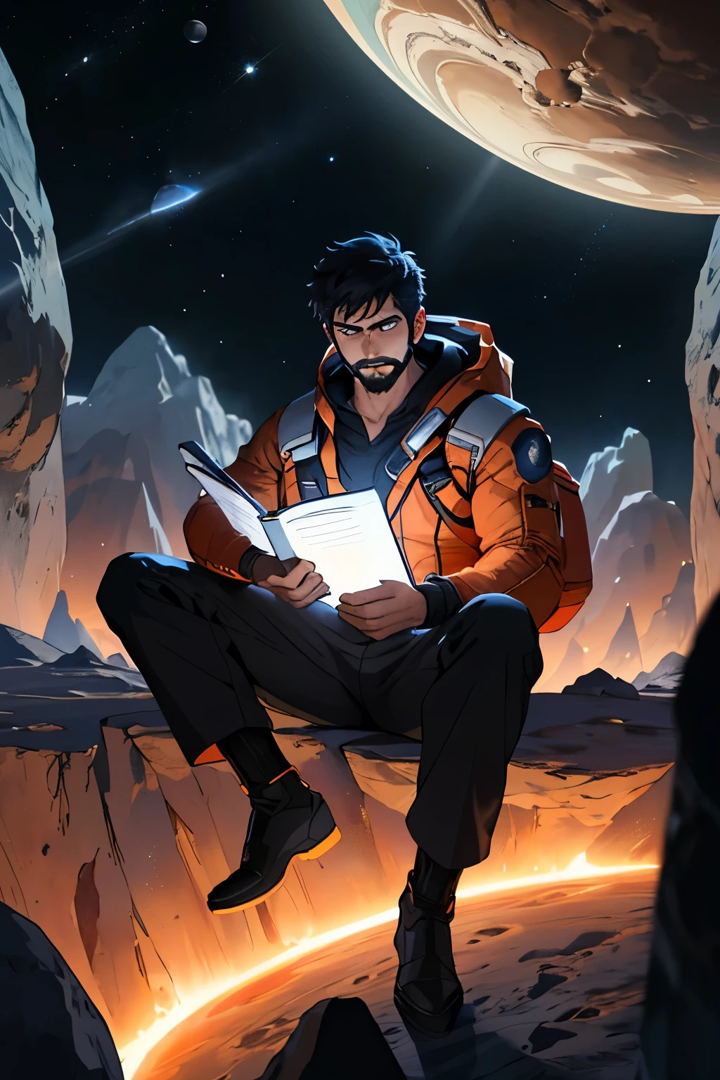 Draw a young programmer, sitting on a research platform floating in the middle of an asteroid belt. He is studying with a notebook, surrounded by several asteroids glowing with fiery auras. Dramatic lighting from distant stars and planets illuminates the scene, casting deep shadows on the suit. The young man looks confident and determined, looking at the vast and mysterious universe with wonder and respect,facial hair, cowboy shot,and his name is anoop