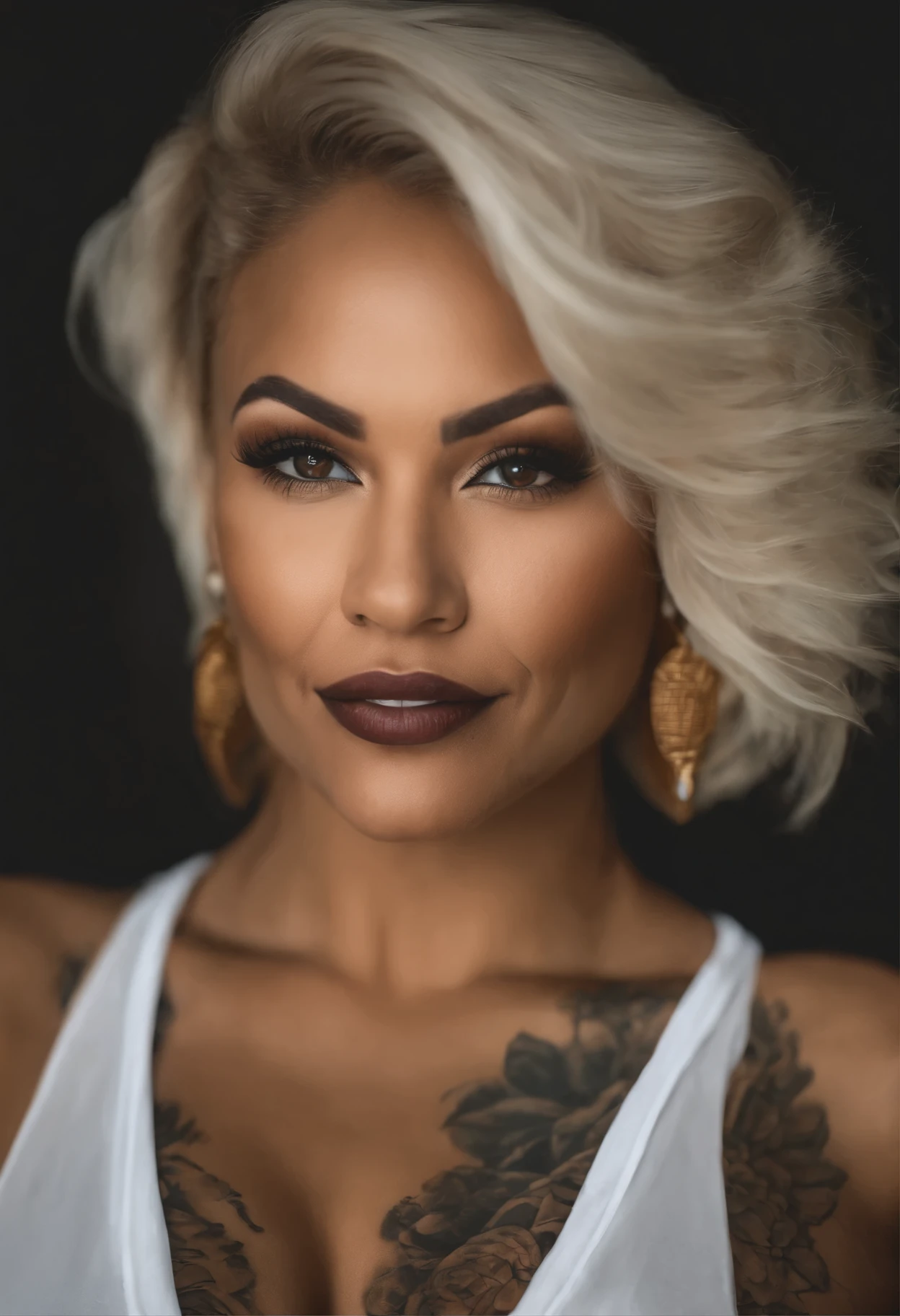 Horny blonde woman aged 35 with a big bust and tattoos brown skin