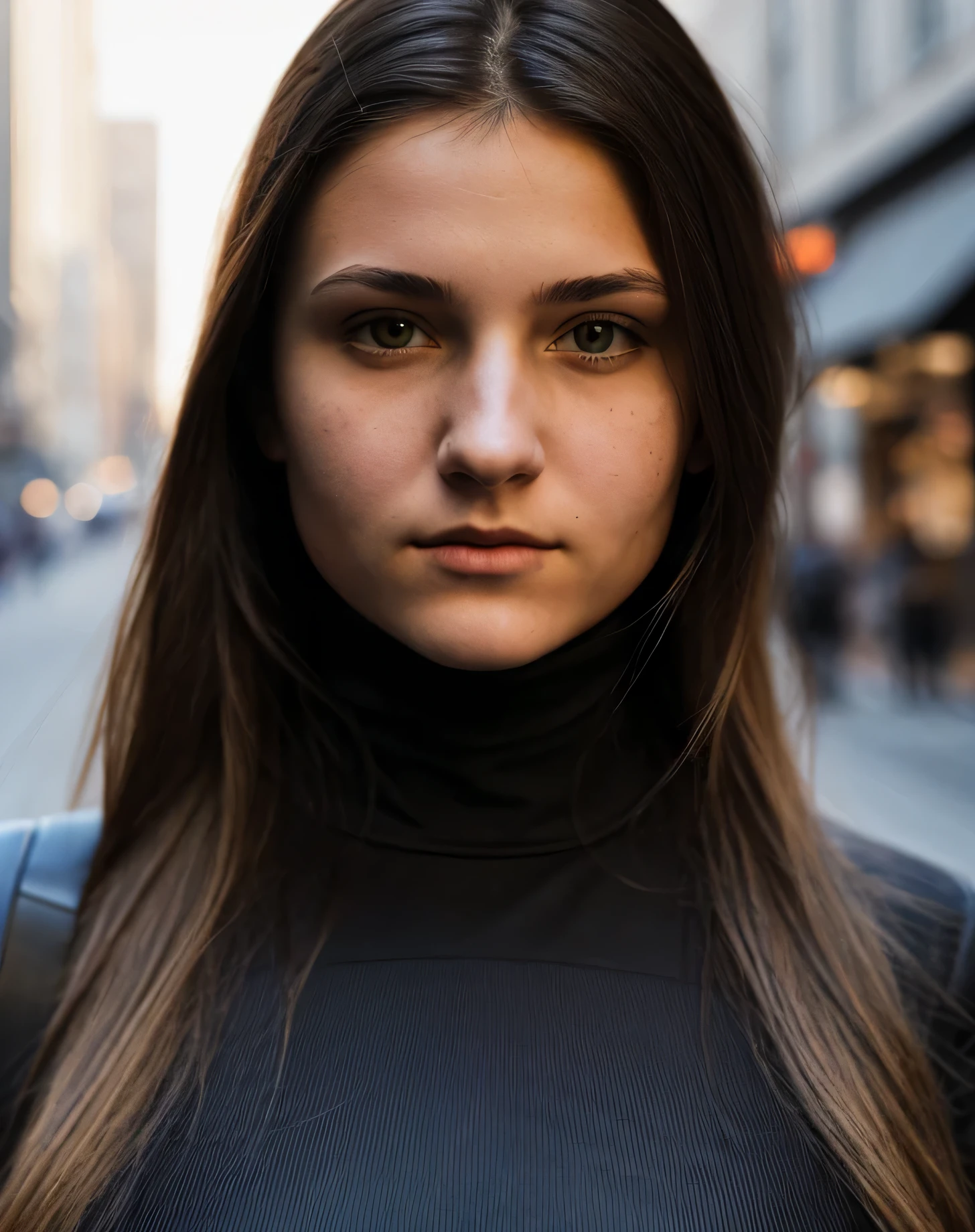 city street Volume, close-up portrait photo of a young woman in dark clothes, Daylight hours