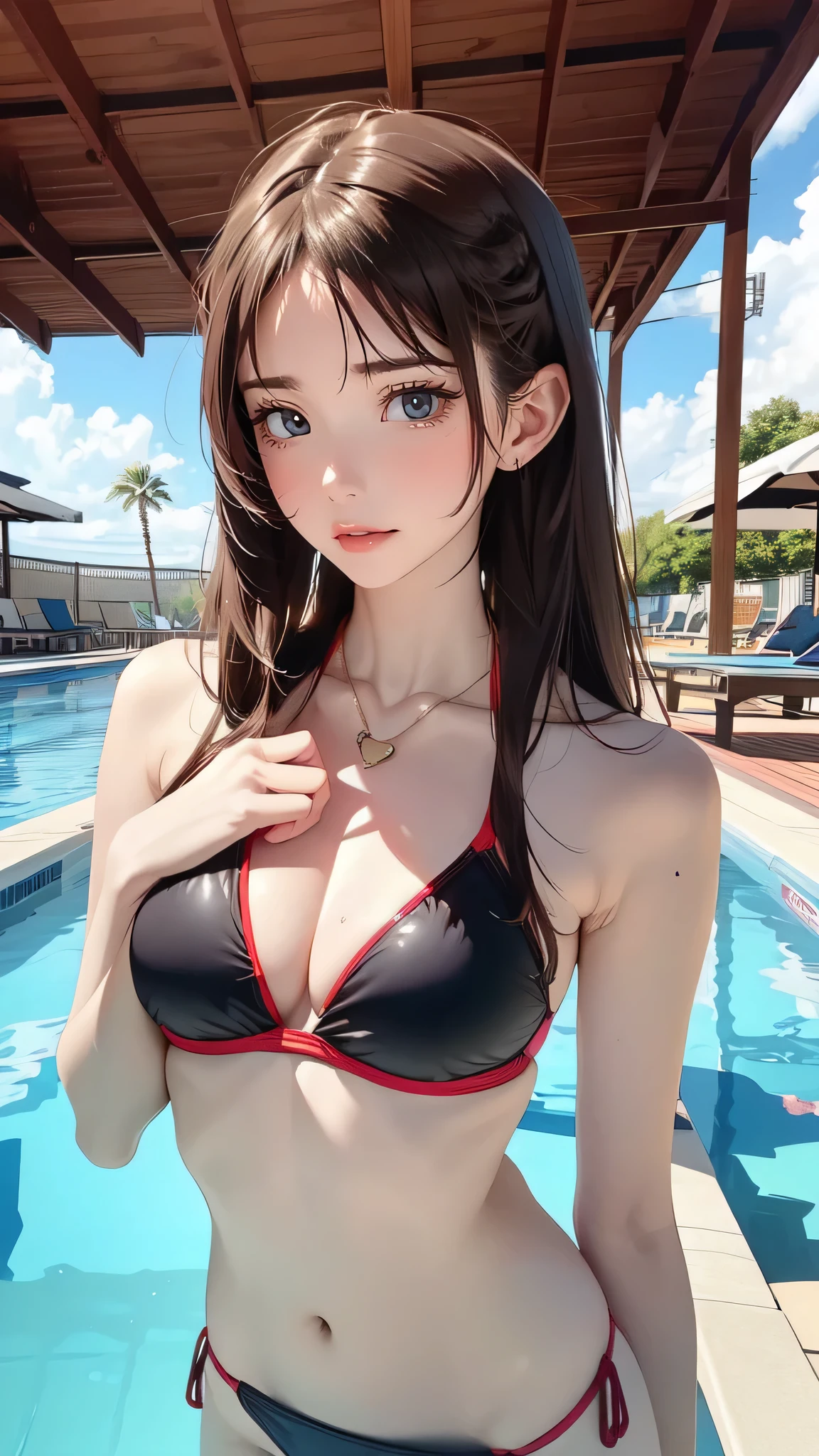 Poolside,random sexy pose,Swimsuit,highly detailed skin,She is short,(Thin type:1.8),(big breasts:1.5), beautiful胸,(flat chest:1.5), white skin, pointed chest, erect nipples,(super thin hair), (super soft hair), (ultra straight hair:1.5), long flowing bangs, very light coppery amber hair, hair above one eye, (movie-like scene, fantasy art, best image quality, hyperrealistic portrait, (8k), Super realistic, 最high quality, high quality, High resolution, high qualityな質感, high detail, beautiful, Detailed, Highly detailed CG, detailed texture, realistic facial expression, masterpiece, before, dynamic, bold)