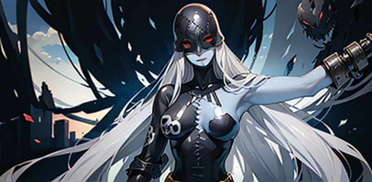 stage, forest, a single person in the drawing, woman, detailed body, large bust, sky blue skin, long straight gray hair, very fitted black that sticks to the skin, flirtatious smile, casual pose, leather mask that covers her head and ends under her eyes, eyes red, ultra detailed, fine nose, only one person, wingless, two arms, red eyes mask,