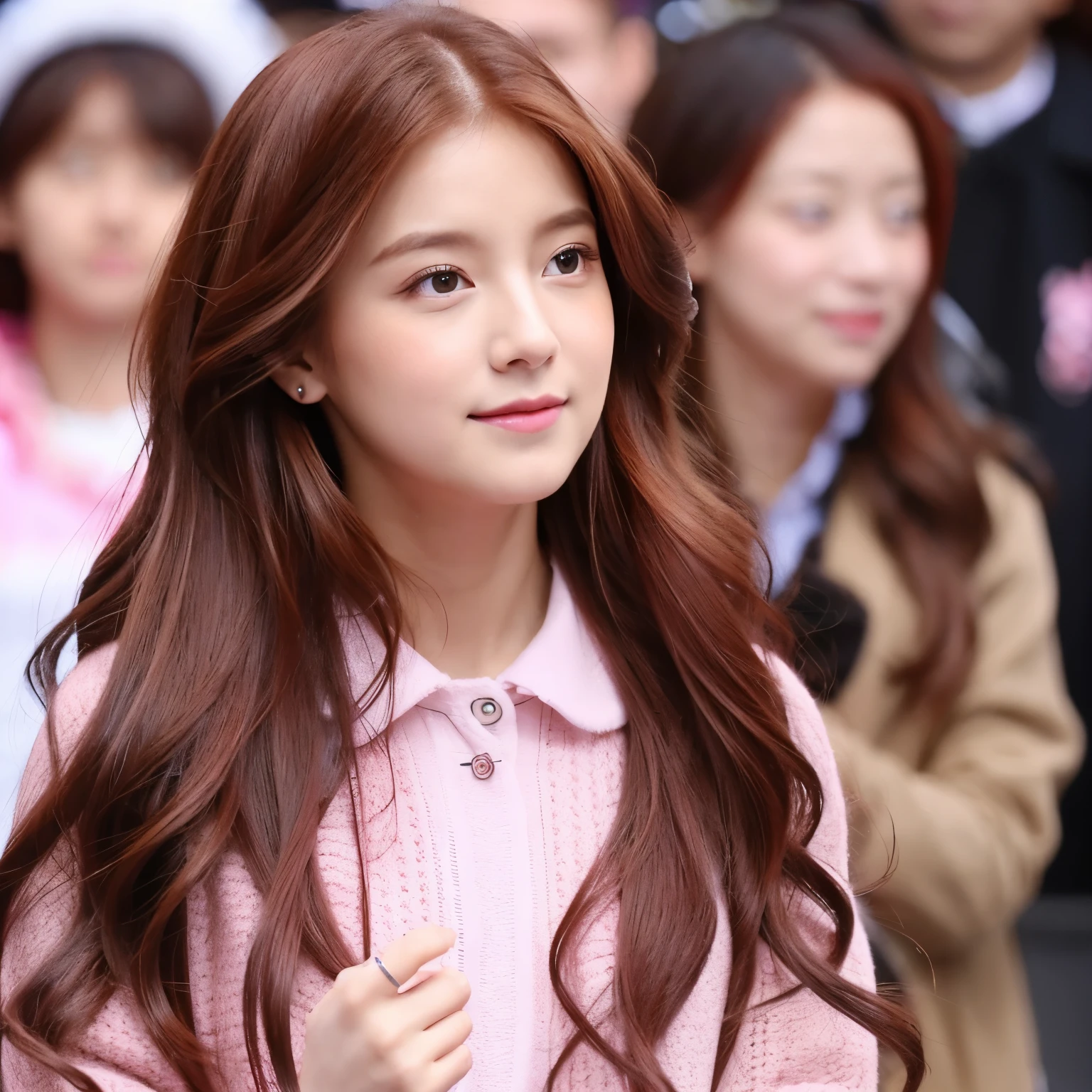 Famous, very rich girl who wears pink, singer, big dark redhead, brown hair, makeup