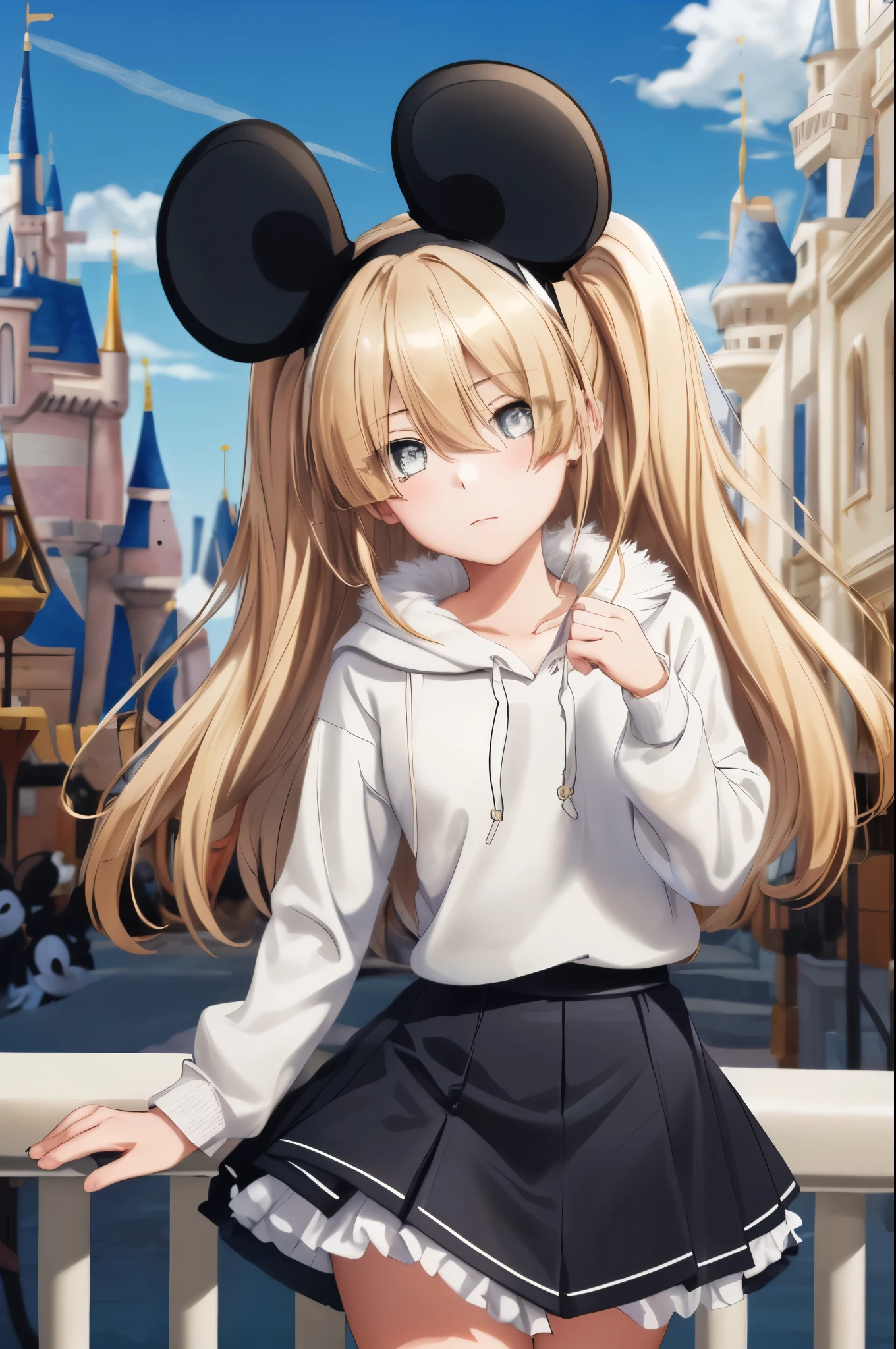 masterpiece, highest quality, 8k, ultra high resolution, highest quality, best writing, beautiful face, 
Erna, 1 girl, alone, blonde, bow, twin tails, Are standing, bow tie, two side up, No expression, (eyes visible through hair:1.3), Disneyland, free pose, 
(White oversized hoodie:1.2), (white fur:1.3), (black ruffle skirt:1.3), (Mickey Mouse headband on your head:1.3)
don&#39;t draw a bow tie, Do not draw ribbons