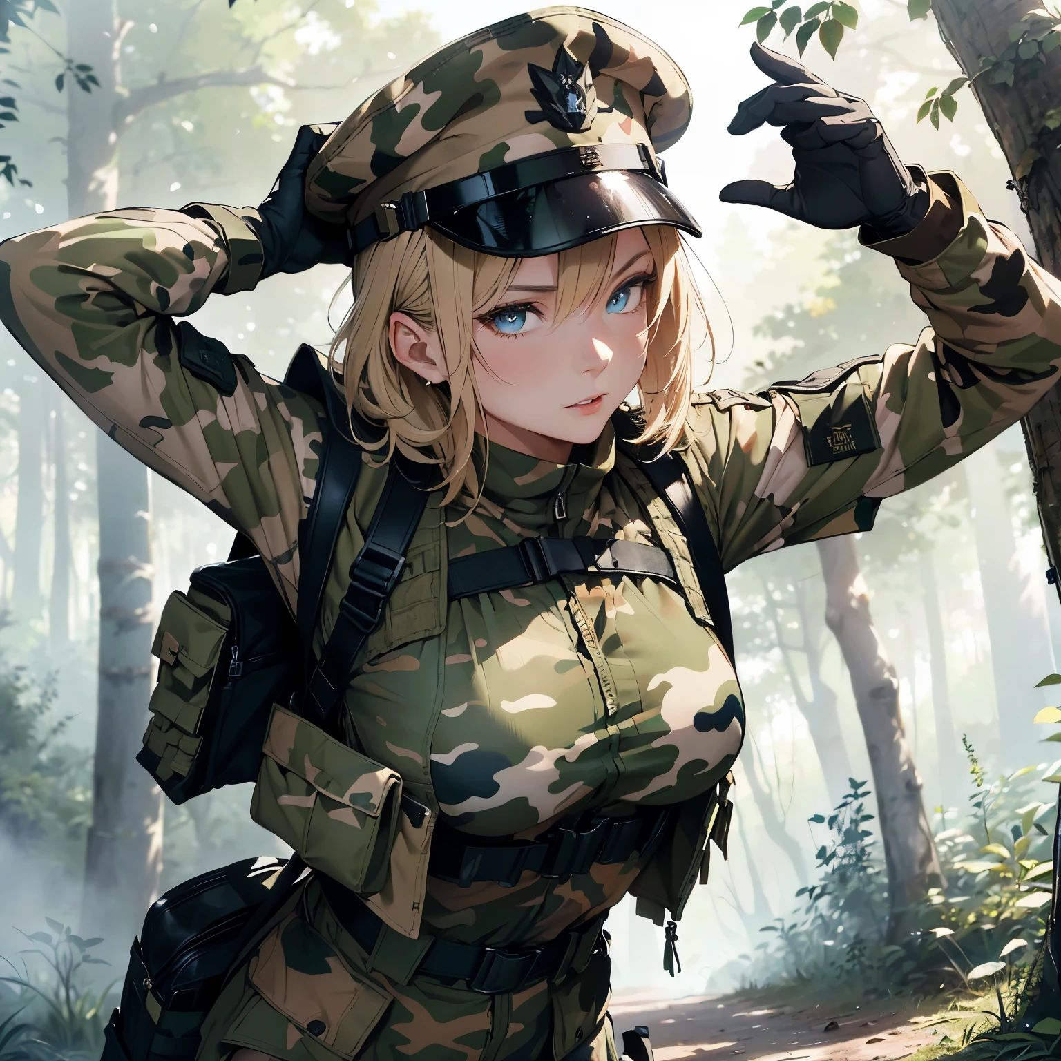 ((Masterpiece and ultra-fine photos of a beautiful female soldier, top-quality and high resolution, photorealistic and sharp focus, (depicting a 30-year-old woman with fair white skin and blue eyes, blonde short hair), wearing a military cap and a woodland camouflage military uniform, woodland camouflage tactical vest, woodland camouflage long pants, combat gloves, carrying a woodland camouflage backpack, and a black military undershirt. Focus from the chest up, showcasing a detailed face and chest depiction, as well as a detailed hand depiction. Displaying combat poses and dynamic actions in the woods, surrounded