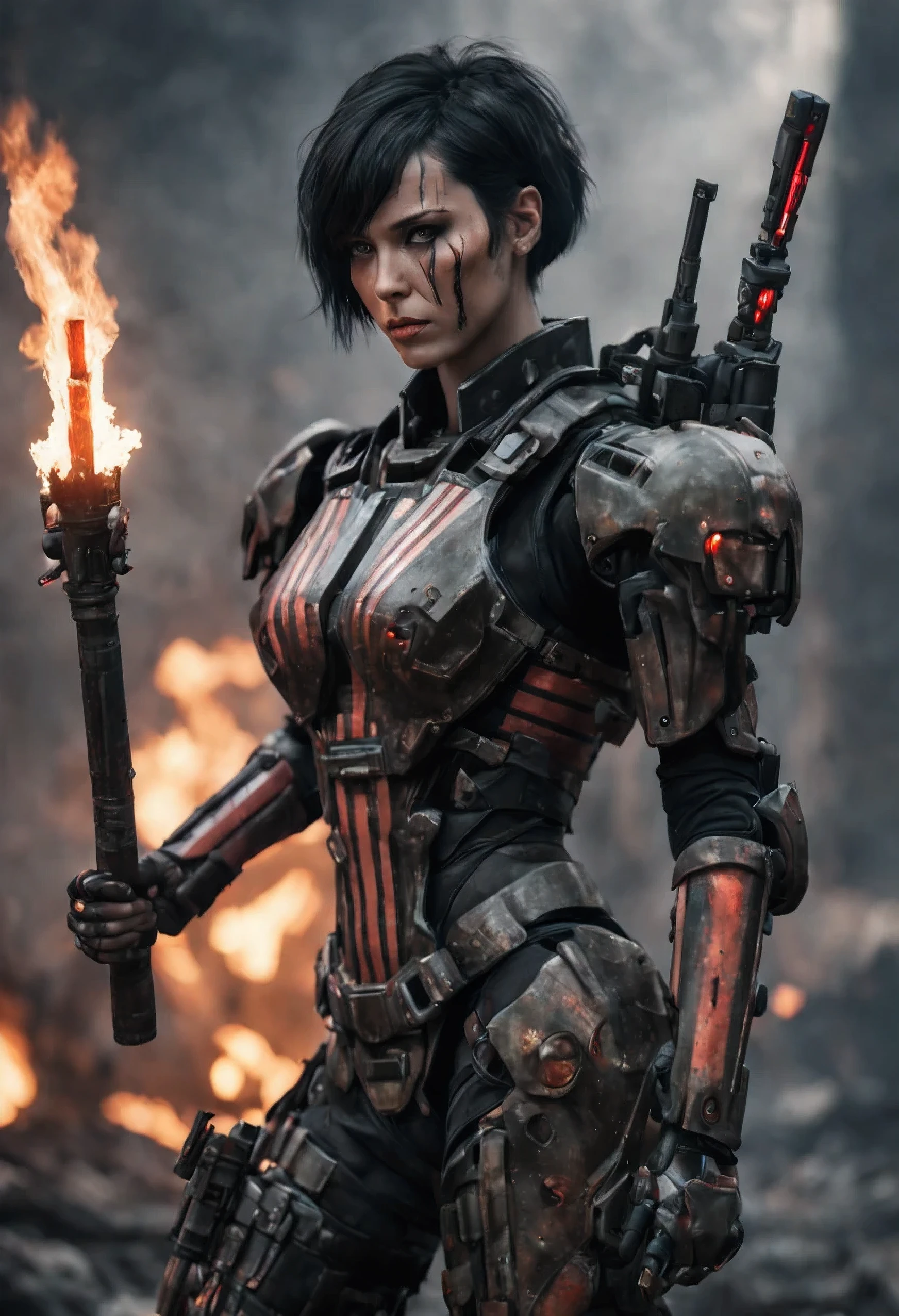 Cyberpunk woman Mech Warrior, Armour, beautifull face, 40 years old, short dirty black hair with pale red stripes, fighting pose, Holding a Staff, Wide Shot, post-apocaliptic background in fire, photo epic, epic cinematic shot, pure form, intricate detail, 8k post-production,High resolution, high details