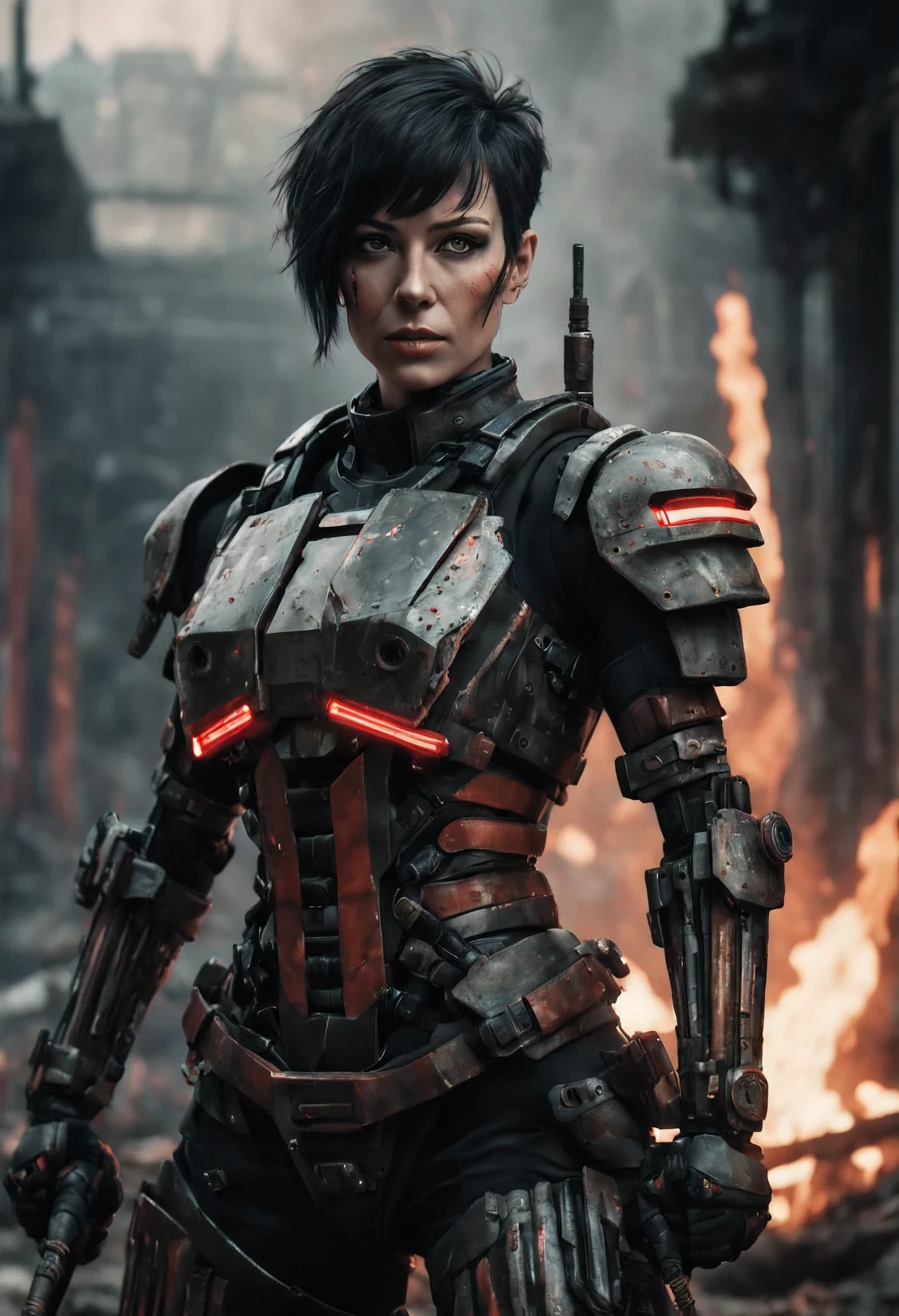 Cyberpunk woman Mech Warrior, Armour, beautifull face, 40 years old, short dirty black hair with pale red stripes, fighting pose, Holding a Staff, Wide Shot, post-apocaliptic background in fire, photo epic, epic cinematic shot, pure form, intricate detail, 8k post-production,High resolution, high details