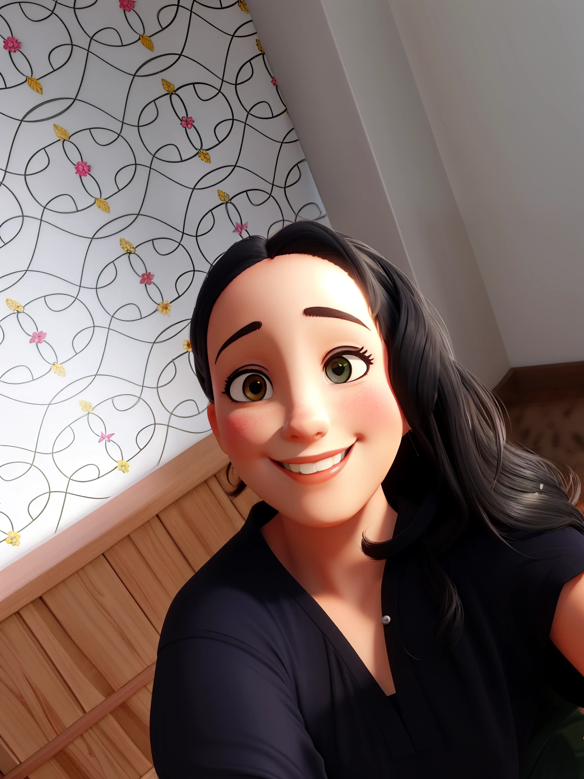Senhora de cabelos pretos e soltos, sorrindo com muitas flores rosas no fundo