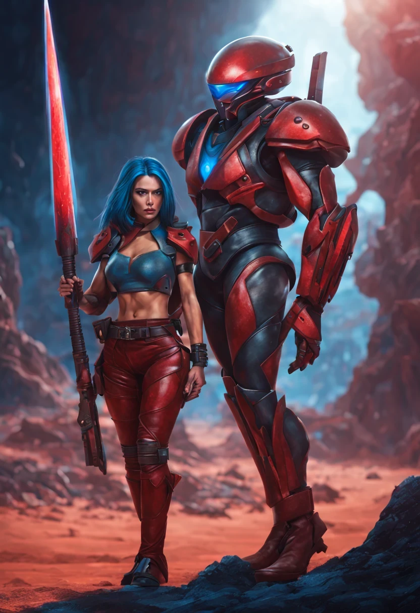 dark sci-fi, beautiful humanoid warrior character, about 40 years old, weight about 80 kg, very muscular, colorful straight hair, red skin tone, leather pants, high-heeled shoes, throws a long spear, laser weapon in the other hand, stands above the enemy, in the background the figure of a humanoid warrior with a blue teary, raw, film grain, immersive background of an alien planet,
