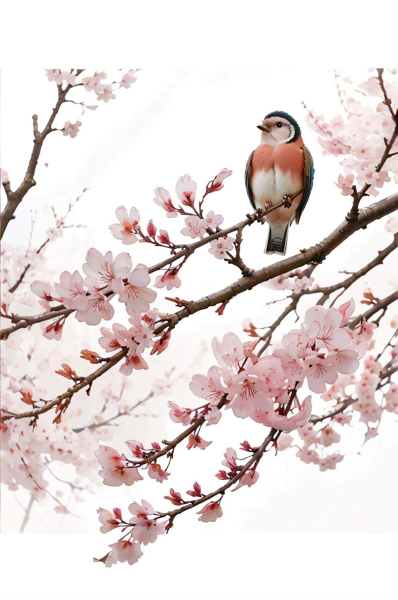 Watercolor painting beautiful birds in a cherry blossom branch with watercolors capturing the fluidity and translucence of the medium