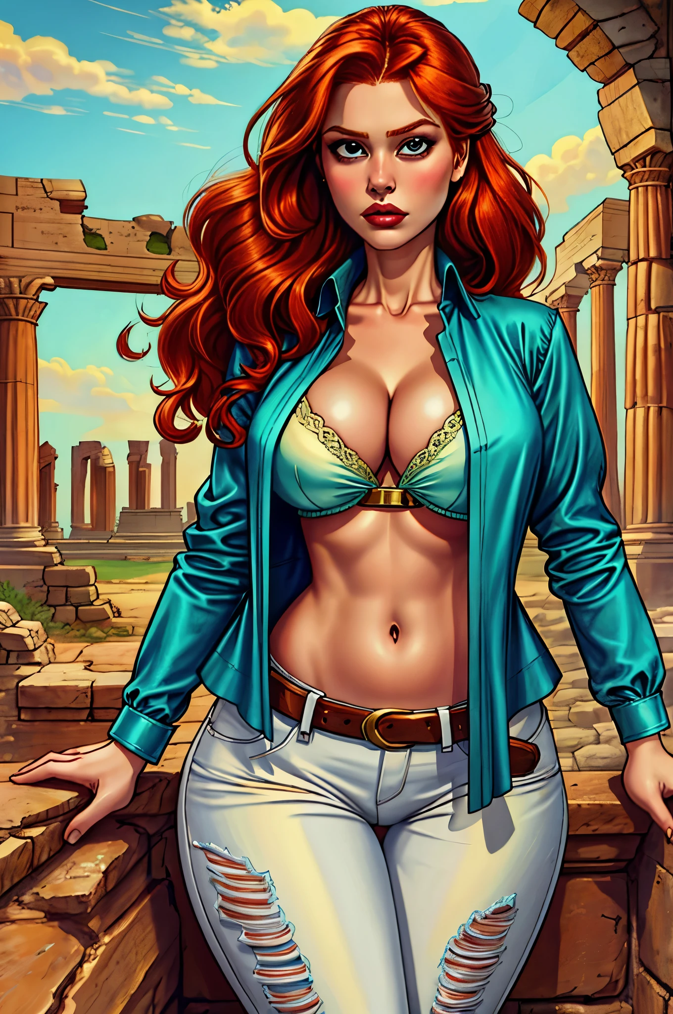 "Paint a stunning portrait of a mesmerizing ginger woman with auburn hair. She wears an elegant updo that accentuates her fiery locks. She is dressed in a loose white shirt, sensually unbuttoned to reveal her navel and alluring cleavage. Completing her fierce look, she wears leather pants, a pauldron, and a teal armor belt. The scene is set against a meticulously detailed background of ancient ruins."