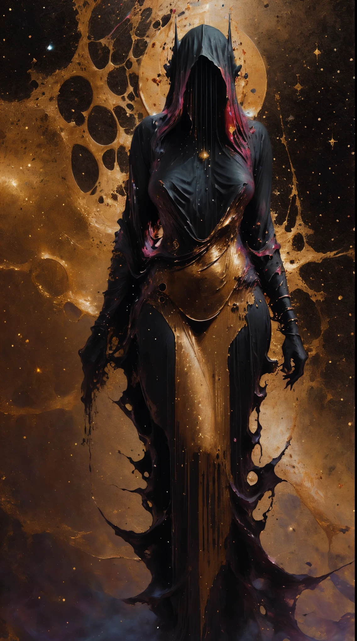 (body formed by galactic liquid mauevine and black metallic paint twisting into a beautiful interpretation of the female figure), au naturel,((complex galactic metallic colours in the foreground)), (( fluid mechanics, the loveliest smooth scale face makeup, smirky expression)) - red, black and gold, onyxia, metallic color palette g0s1