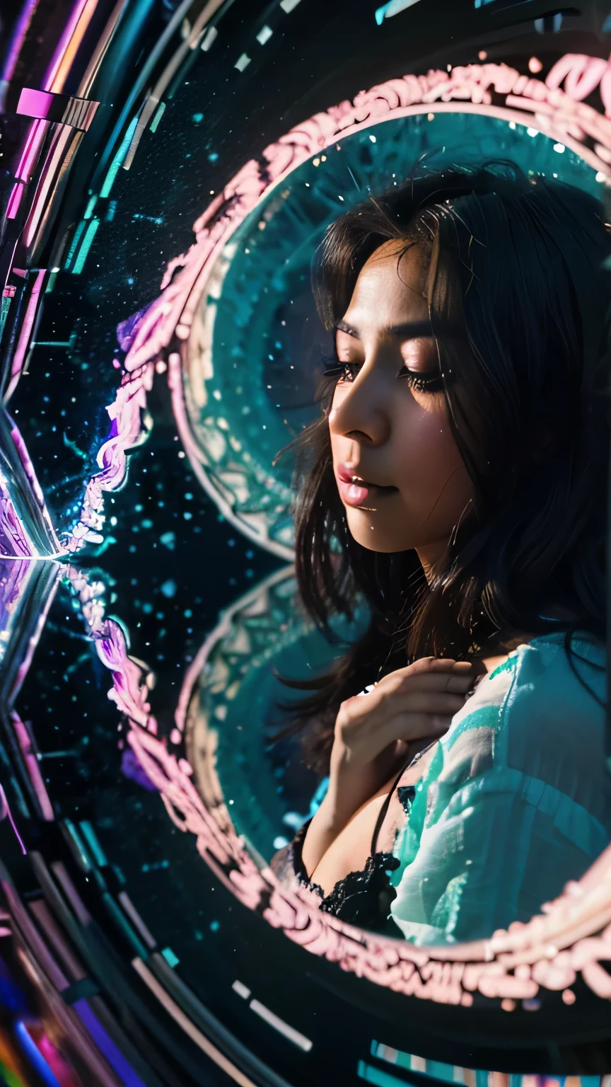 a beautiful latina woman living a fractal existence micro dreams whole tripping on LSD looks into a mirrored reflection of herself and a black hole, all colors, mirror pulls you in like falling asleep for a fraction of a second when exhausted , style raw