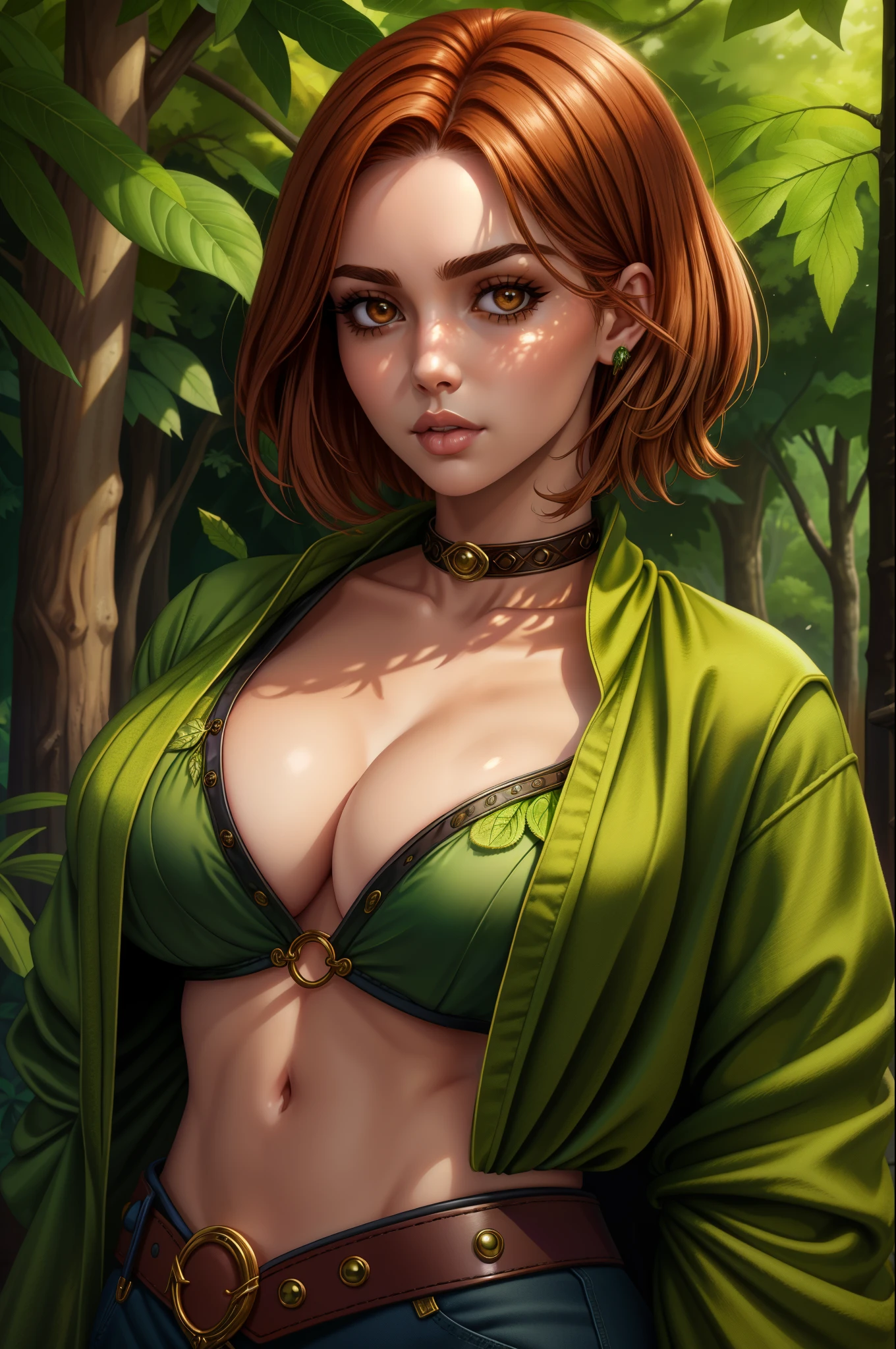 a  portrait of a durable [babe|temptress] , druid, leaf robe, perfect face, pretty face, brown eyes, auburn hair, Hi-top fade, very short hair, flat chest, lush detail, absurdres, clothes made of leaves