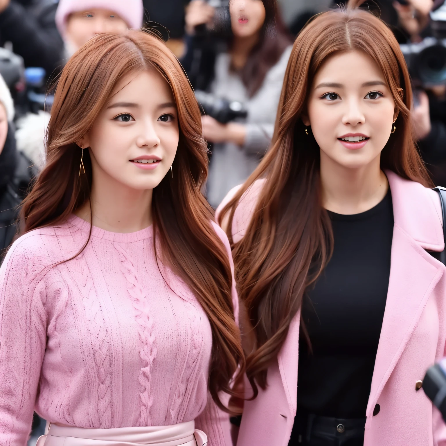 Famous, very rich girl who wears pink, singer, big dark redhead, brown hair, makeup