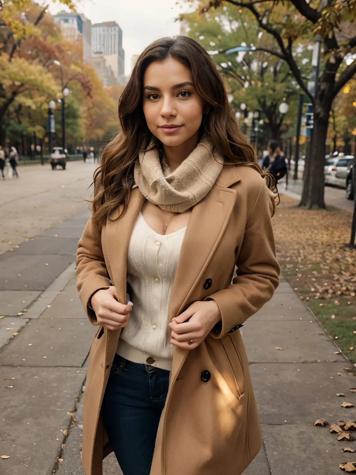 Craft a mesmerizing image of a New York influencer exploring Central Park during peak foliage season, dressed in a chic camel coat layered over a cozy cashmere sweater and plaid scarf. Her hair is styled in loose waves, reflecting the colors of autumn as she strolls through the park. Slim fit body. F-Cup. Big tits. Different poses. Cleavage. Tan skin color. Different angles. Sexy.