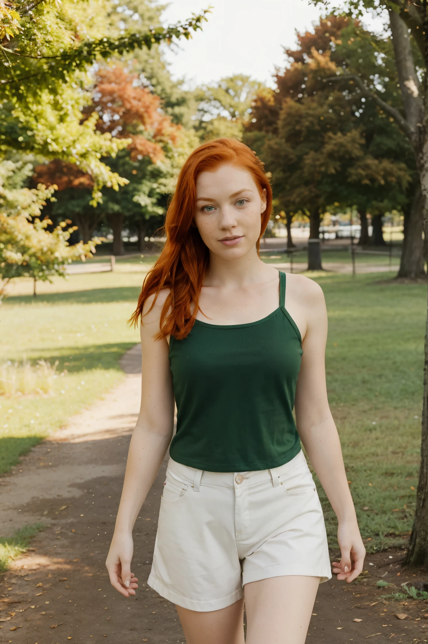 there is a skinny woman with red hair and green eyes, run in park, sunny day, redhead girl, red hair and freckles, a redheaded young woman, redhead woman, beautiful redhead woman, ginger hair, high quality, gorgeous, beautiful model, red haired young woman,
